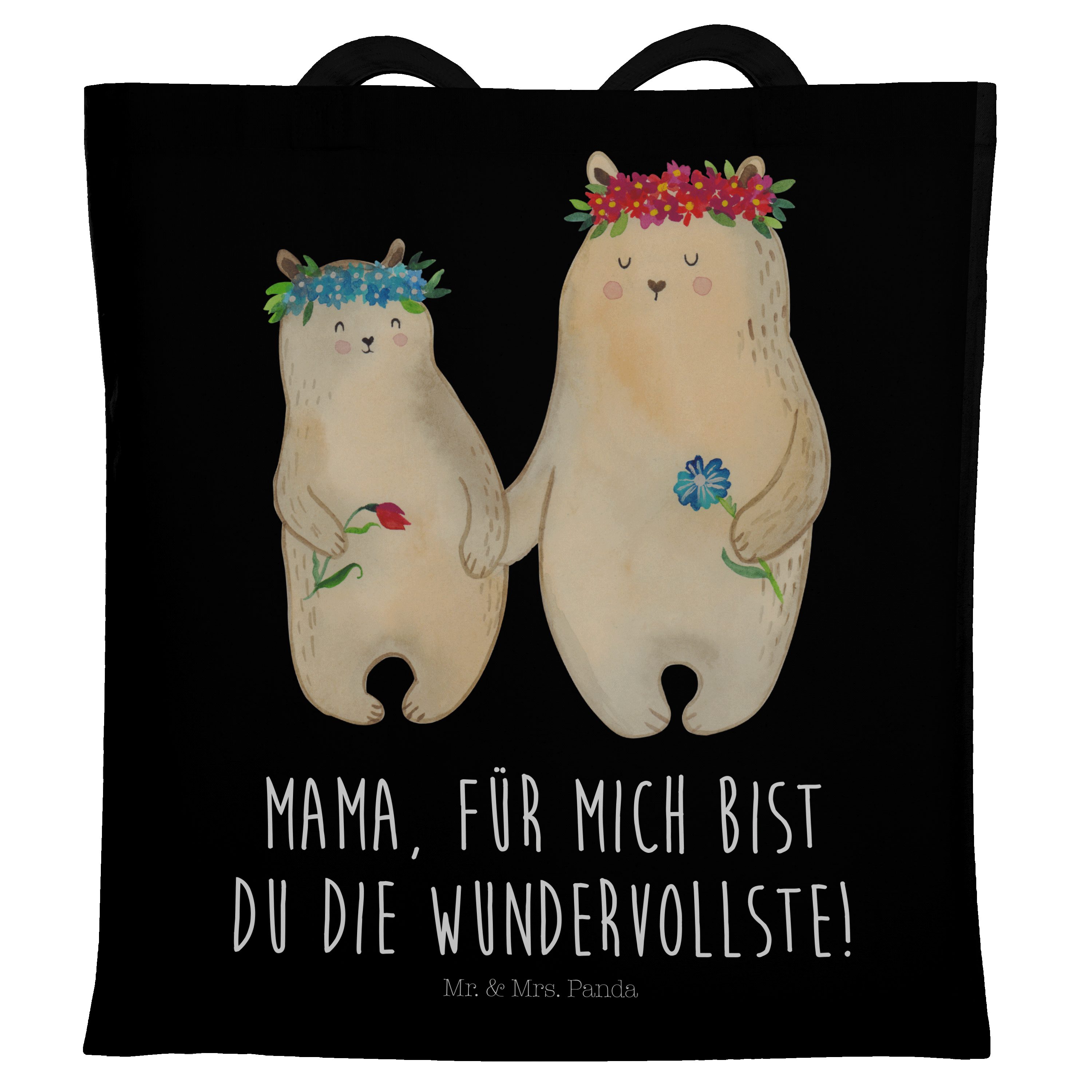 Mr. & Mrs. Panda Tragetasche Bären mit Blumenkranz - Schwarz - Geschenk, Freundinnen, Stoffbeutel, (1-tlg)