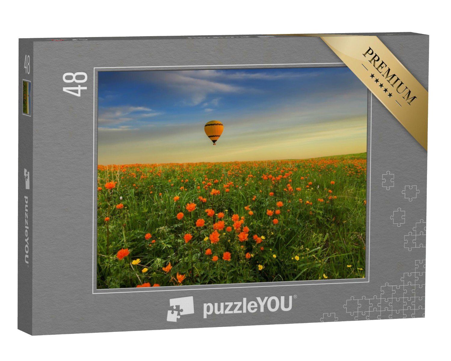 puzzleYOU Puzzle Gelber Heißluftballon über der blühenden Wiese, 48 Puzzleteile, puzzleYOU-Kollektionen Blumenwiesen, Blumen & Pflanzen