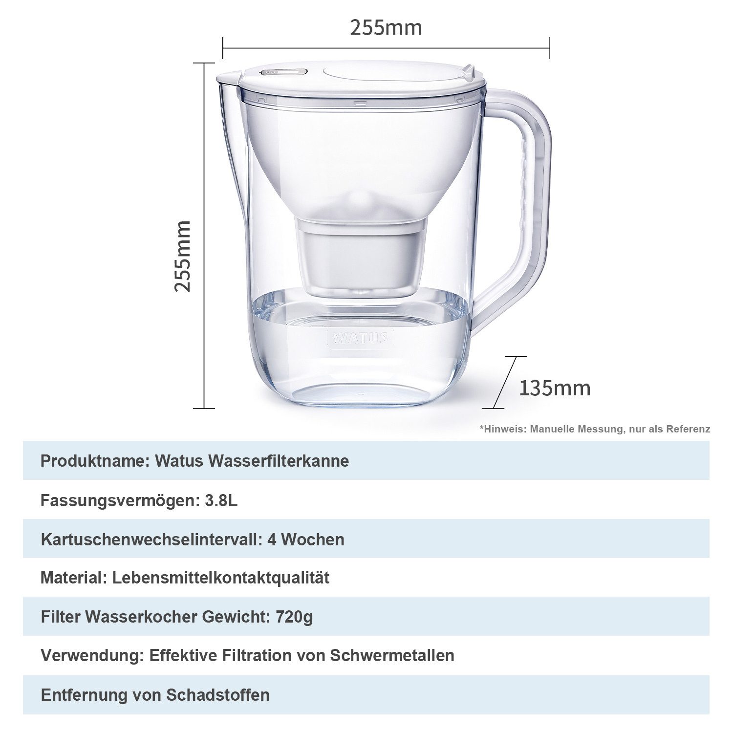 Watus Wasserkanne für Brita Wasserfilter, Filterkanne 3.8L Enthält 1er filterpatronen, 3.8 l – Bild 5 von 5