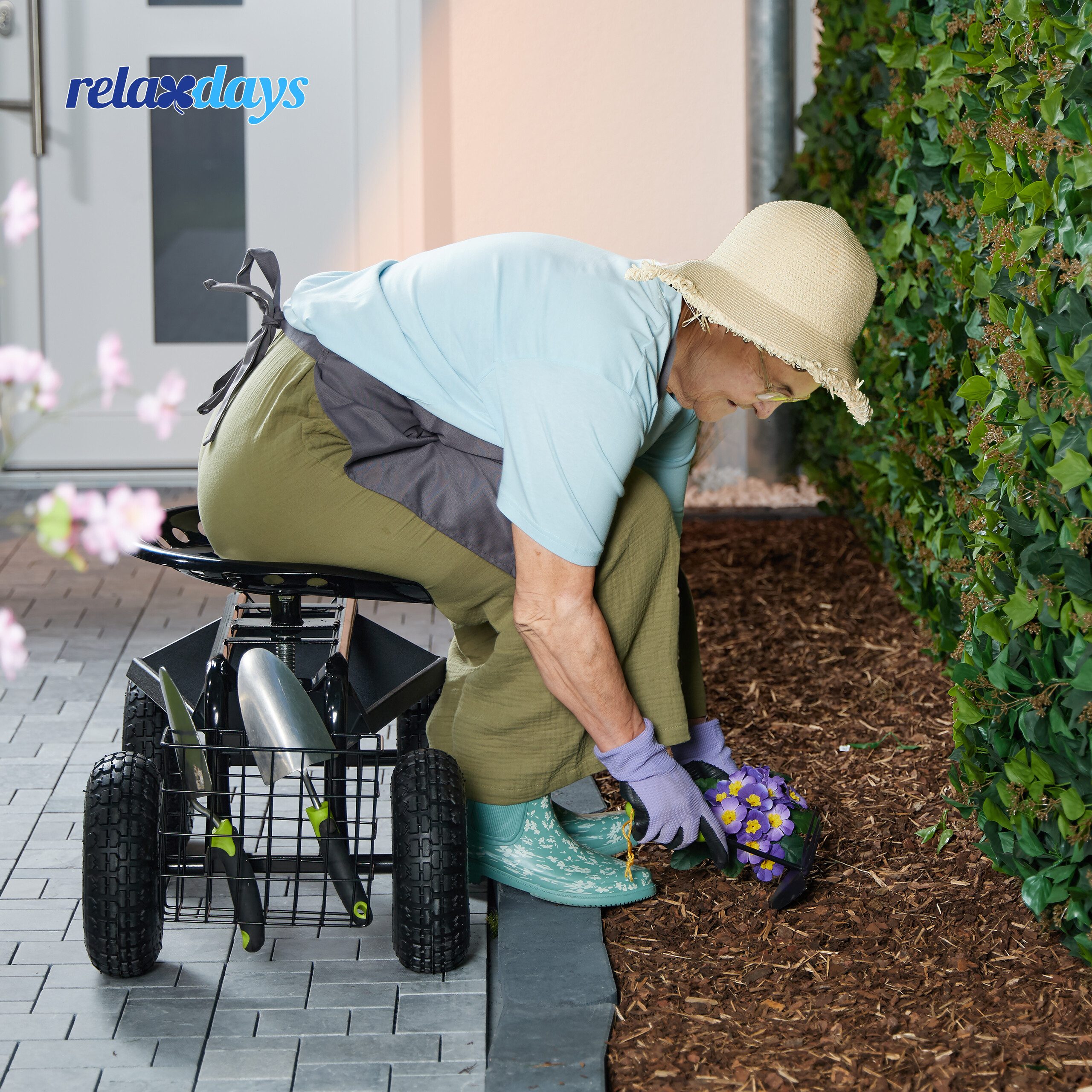relaxdays Rollsitz Fahrbarer Gartensitz mit Stauraum, schwarz