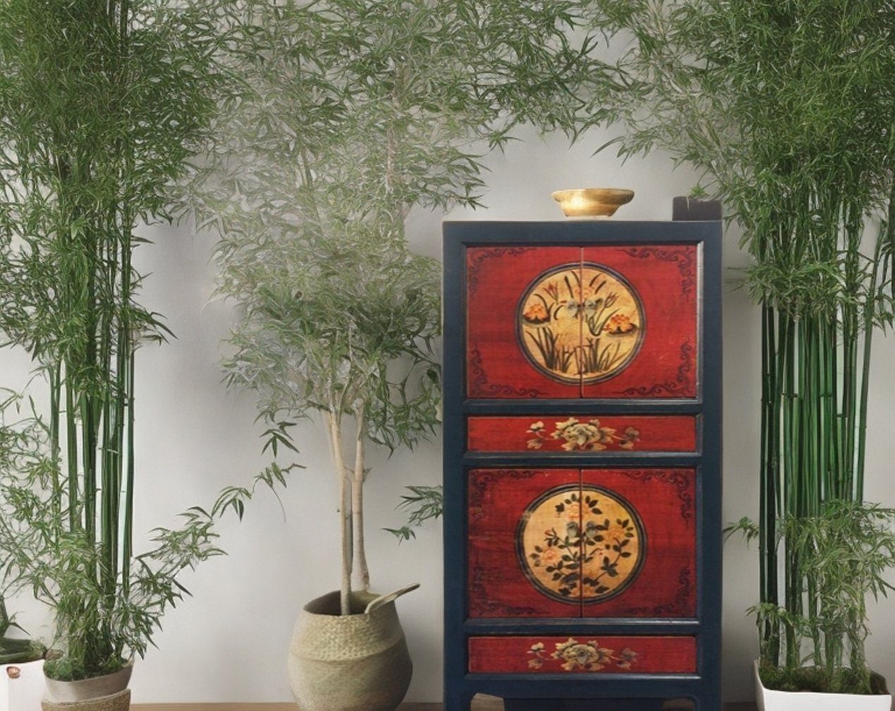 OPIUM OUTLET Kleiderschrank Möbel Asia Vintage Schrank chinesisch Hochzeitsschrank Hoch-Kommode komplett montiert, asiatisch orientalisch fernöstlich, Wohnzimmer Schlafzimmer Flur Diele, Landhaus Antik-Stil aus Holz schwarz-rot