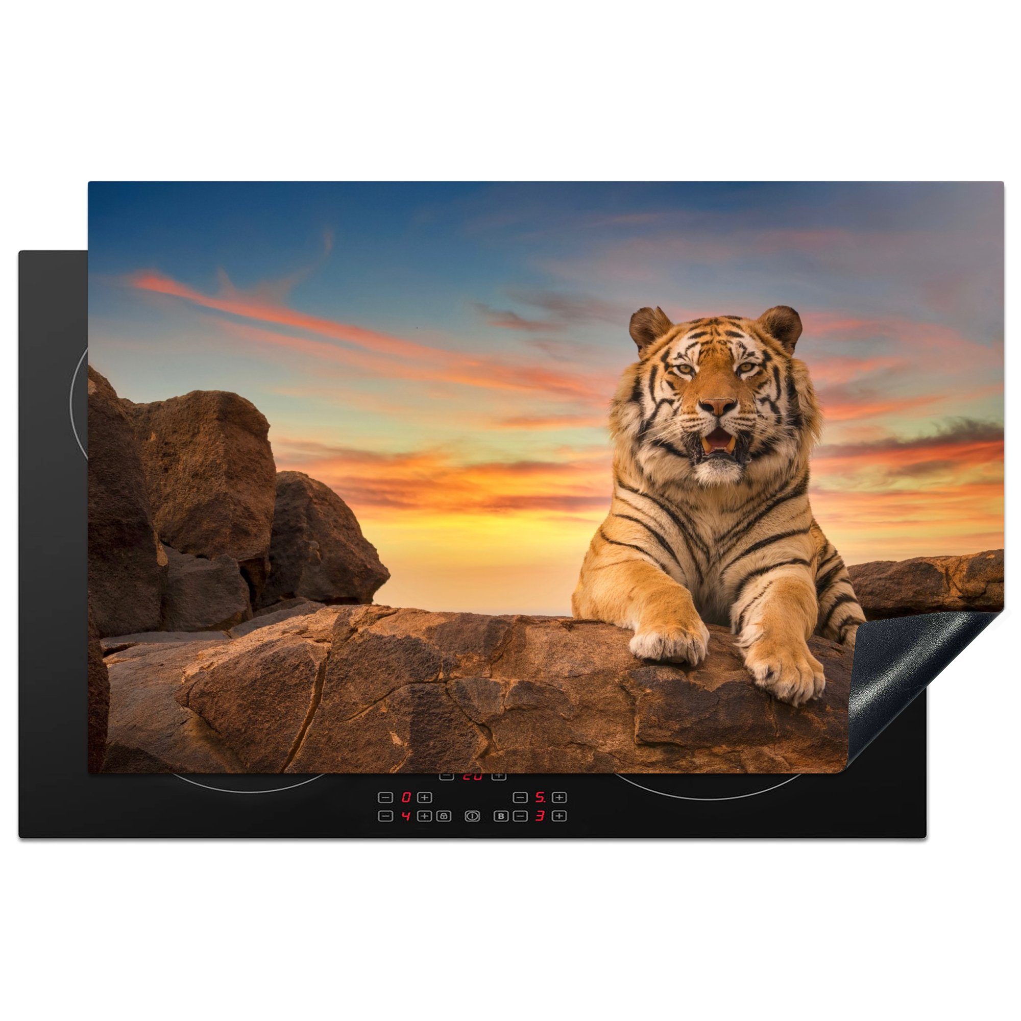 MuchoWow Herdblende-/Abdeckplatte Tiger - Sonne - Felsen, Vinyl, (1 tlg), 81x52 cm, Induktionskochfeld Schutz für die küche, Ceranfeldabdeckung