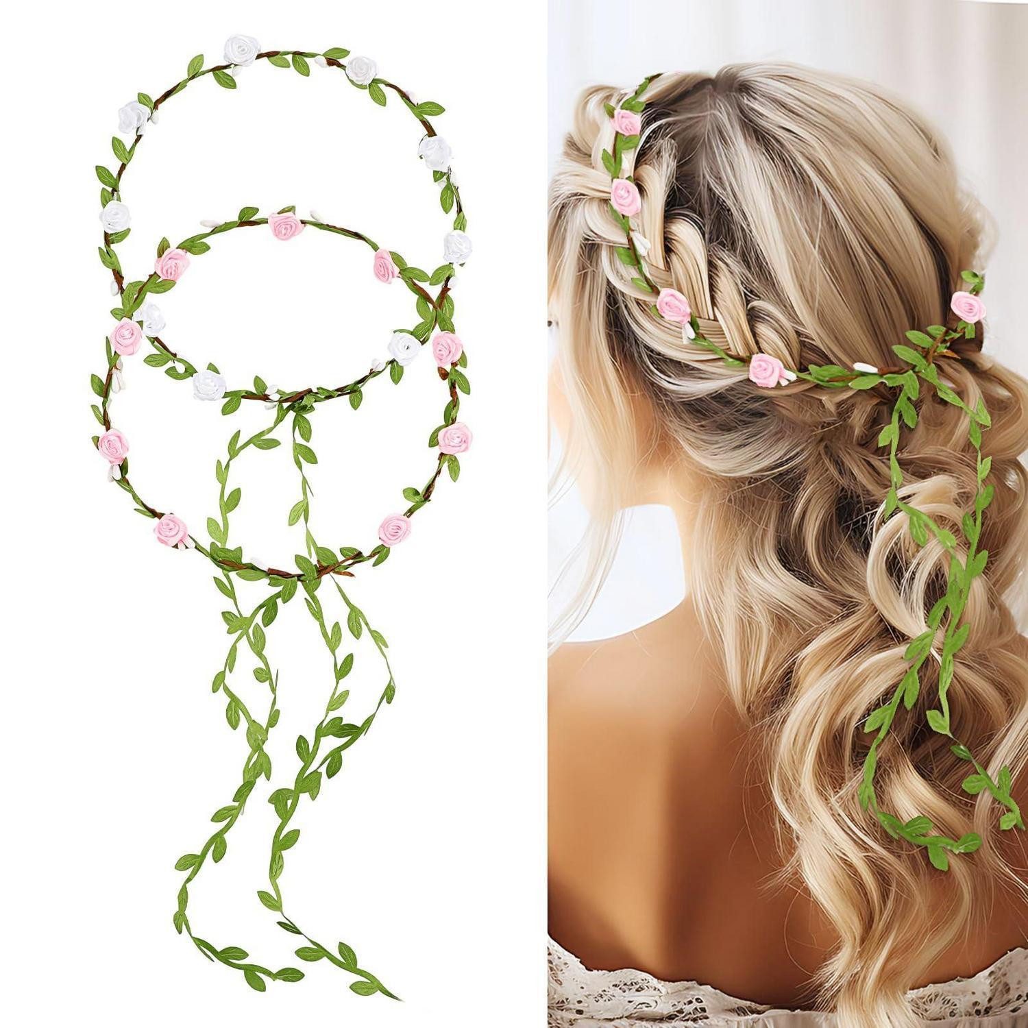 LuxusKollektion Haarband Blumenkranz Stirnband 2er Pack weiß/rosa