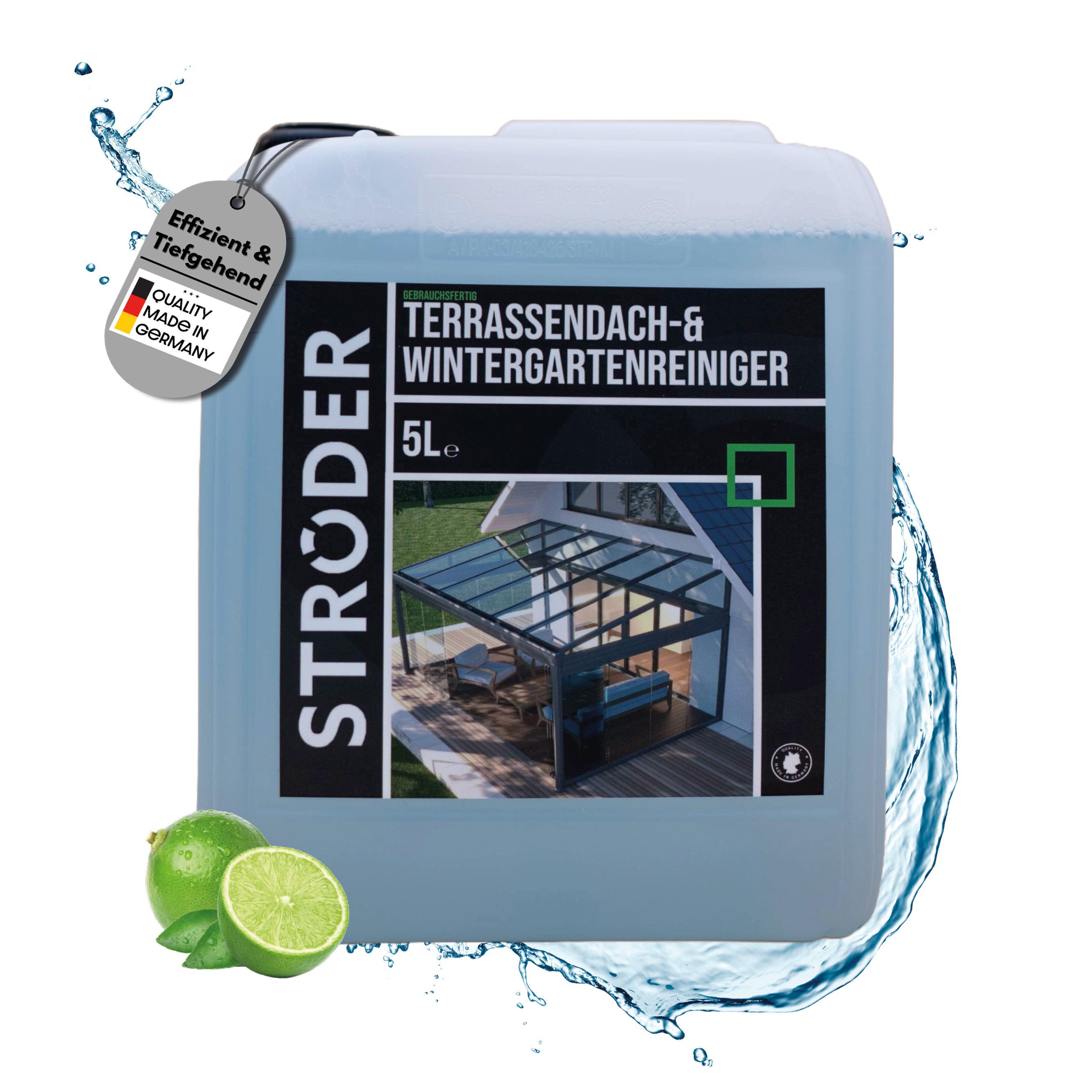 STRÖDER Terrassendach Reiniger, Wintergarten Reiniger I Vordach Reiniger Glasreiniger (Set, [- 1x 5-Liter-Kanister inkl. Ausgießer im Deckel für 70m² Hohe Wirksamkeit, Materialfreundlichkeit, Effektiv)