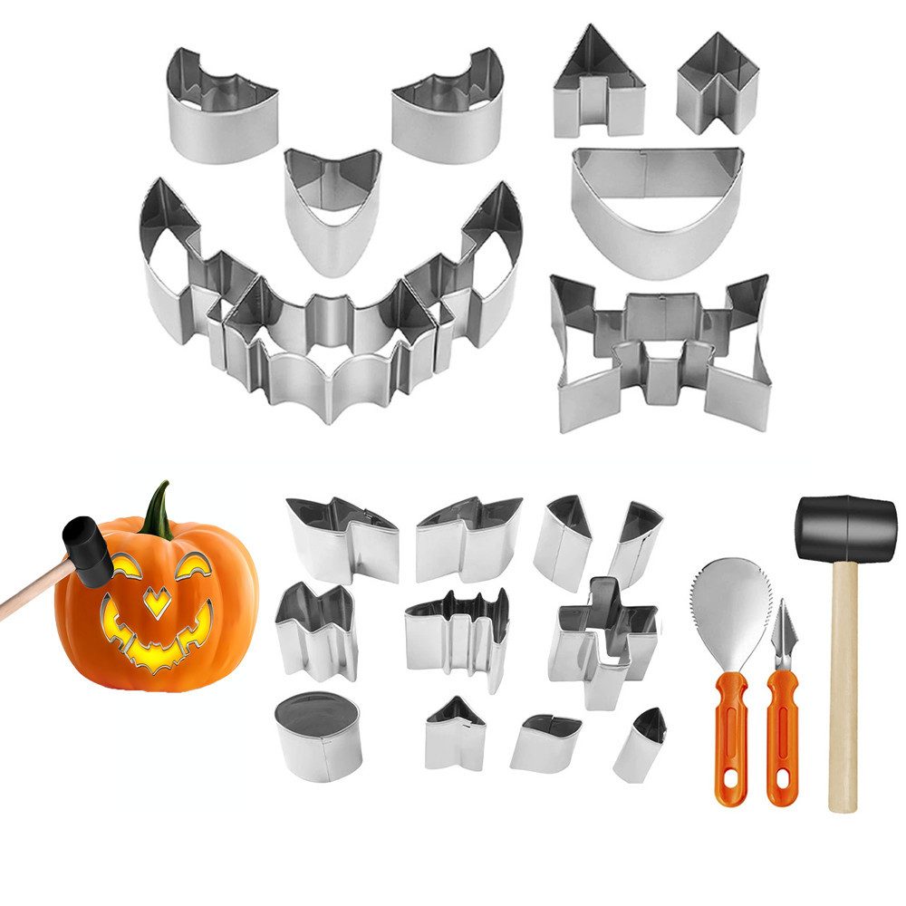 CLTYQ Dekoobjekt 24-teiliges Kürbisschnitzset für Halloween,mit Hammer und 20 Formen (24 St), Kindersicheres DIY Edelstahl-Werkzeug für Familien,DIY Kürbisdeko