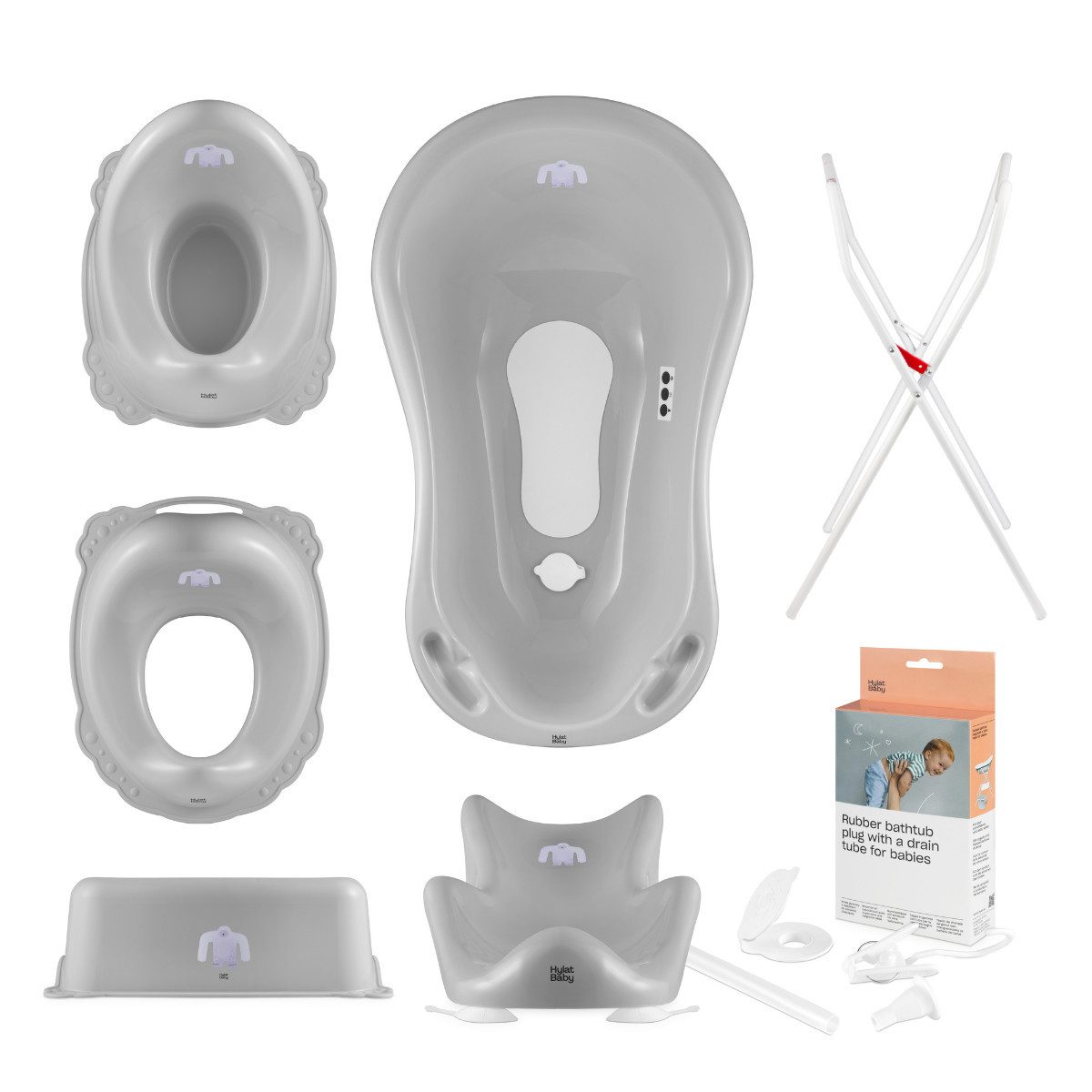 Hylat Baby Babybadewanne Hylat Baby Badewanne Set - für Neugeborene und Babys – Motiv Yeti, (7-teiliges SET, 7-tlg), Babywanne, Sitz, Ständer, Schemel, Topf, Toilettensitz, Abfluss – Grau