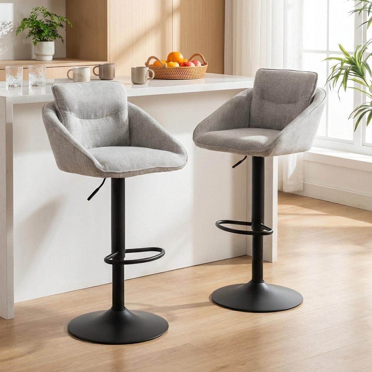 LuxusKollektion Barhocker Barhocker 2er Set Leinen Höhenverstellbar Rückenlehne Grau