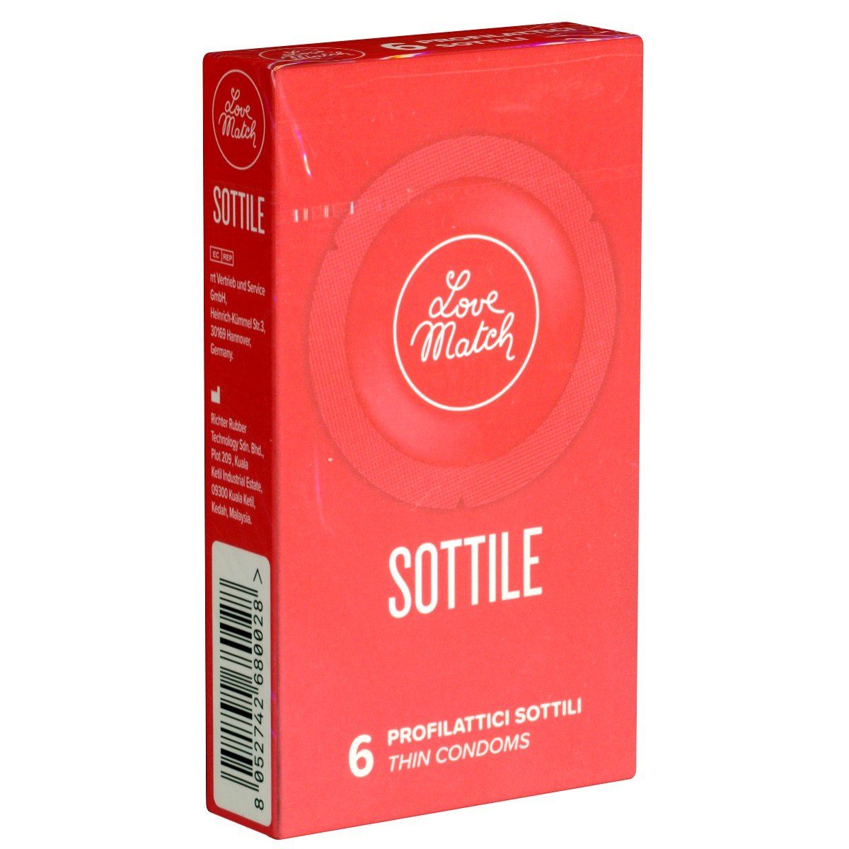Love Match Kondome Sottile Packung mit, 6 St., zarte Kondome in Rundfolien