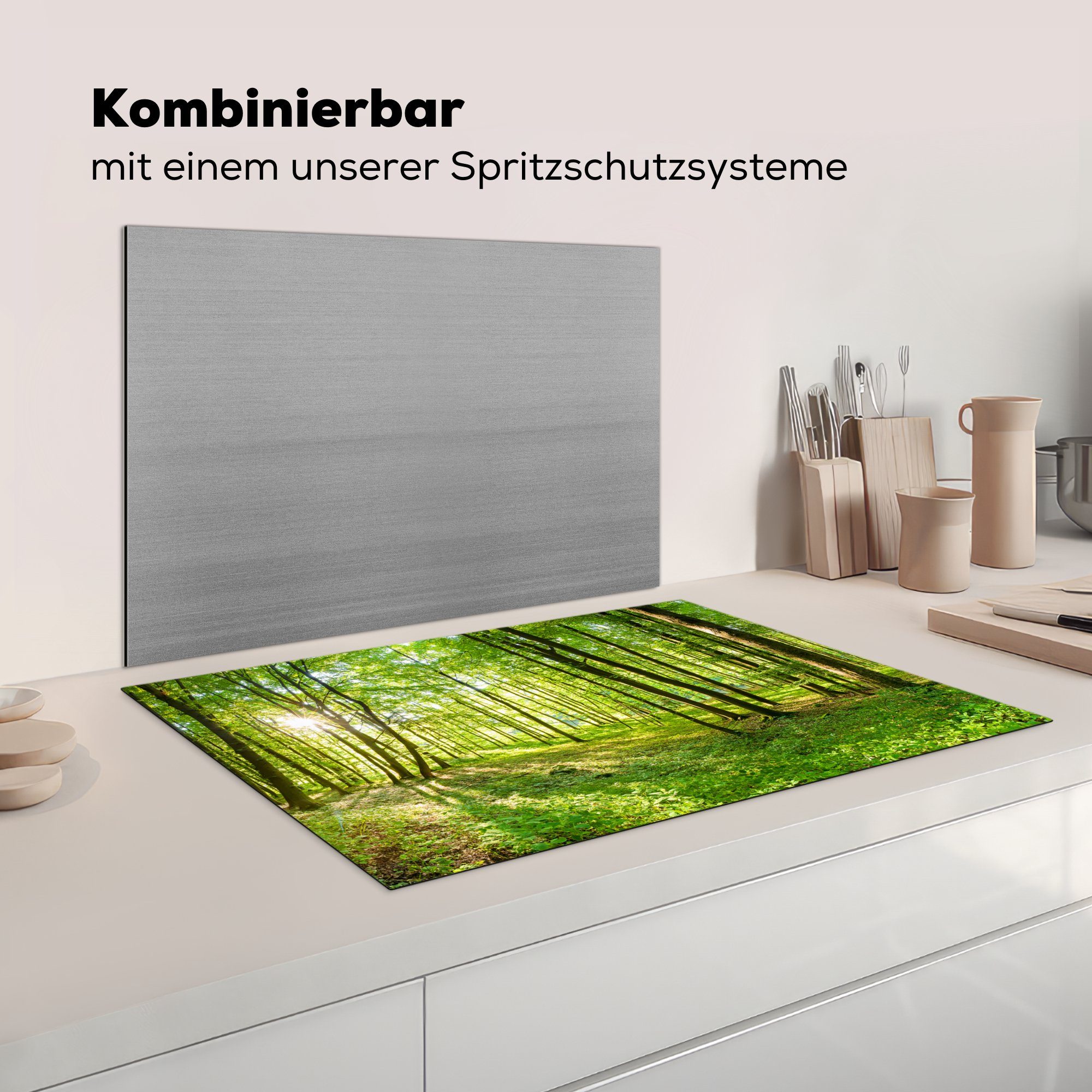 MuchoWow Herdblende-/Abdeckplatte für cm, - tlg), Wald - Vinyl, Natur Grün (1 Arbeitsplatte Ceranfeldabdeckung, - - Bäume küche Sonnenlicht, 81x52