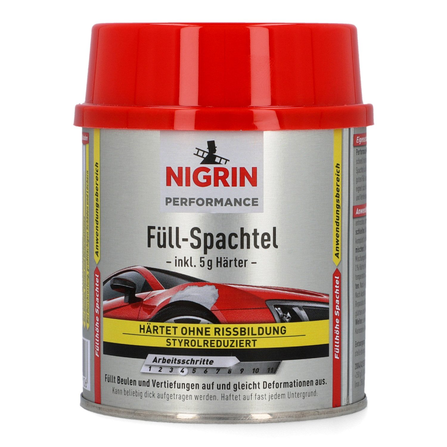 NIGRIN Spachtelmasse 2K Füll-Spachtel mit Härter 250g für tiefe Dellen, Reparatur-Spachtel Spachtel-Masse Füller Polyesterharz Karosserie