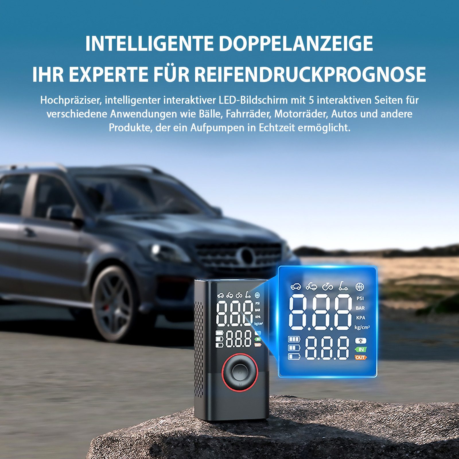 FANNOU Akku-Luftpumpe Digitale Elektrische Luftpumpe mit Druckvoreinstellung, Wiederaufladbar, Luftpumpe für E-bike, Auto, Fahrrad, Motorrad, Bälle