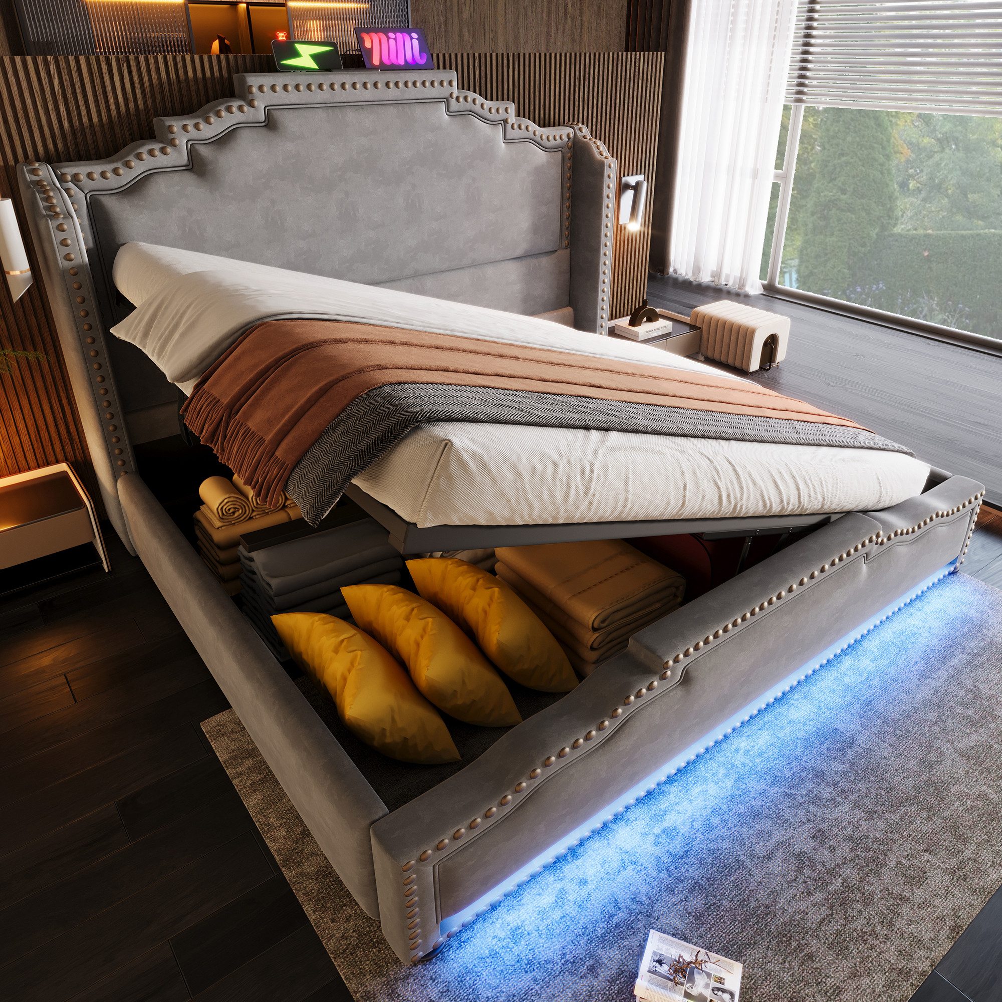 Flieks Polsterbett, Hydraulisches Doppelbett 160x200cm mit LED-Beleuchtung günstig online kaufen