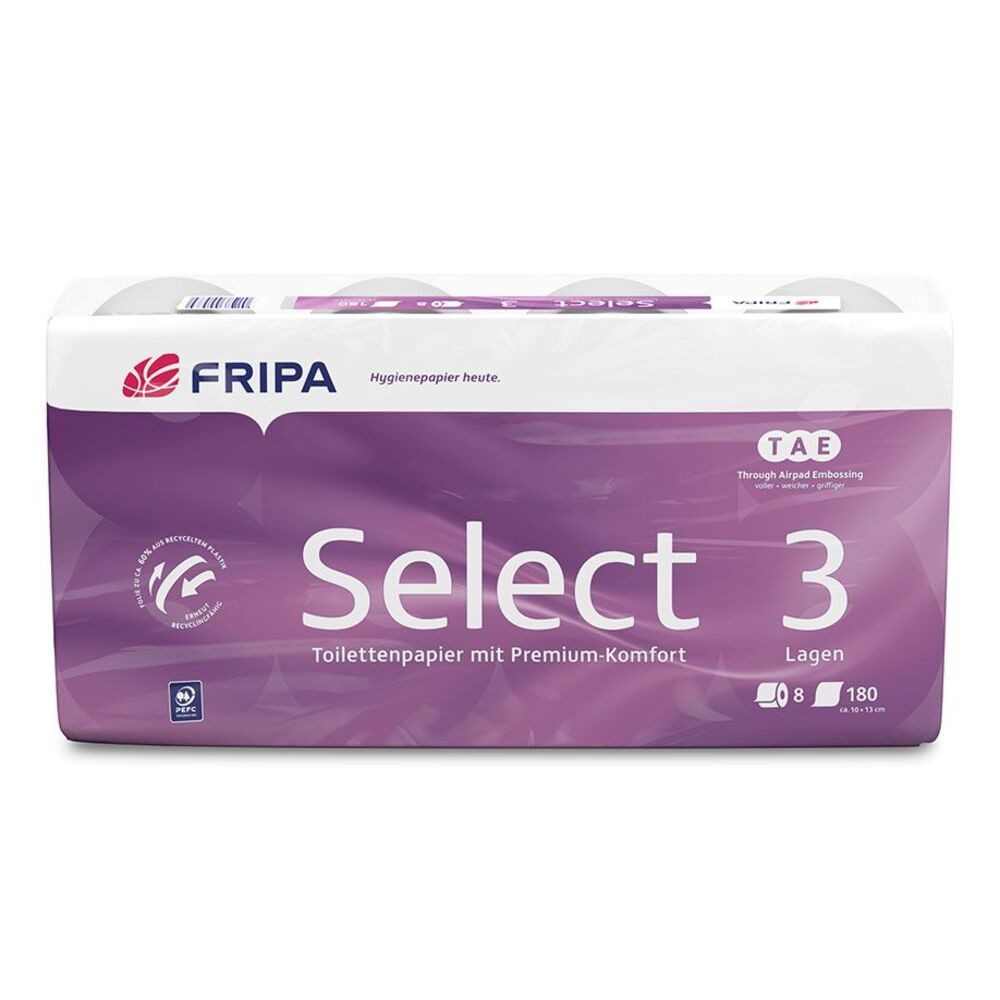 DocMed Toilettenpapier Fripa - Toilettenpapier select TAE (8 Rollen oder 6er Pack 8-St. umweltfreundlich), 3-lagige Struktur, Nachhaltigkeit, Vielseitig einsetzbar