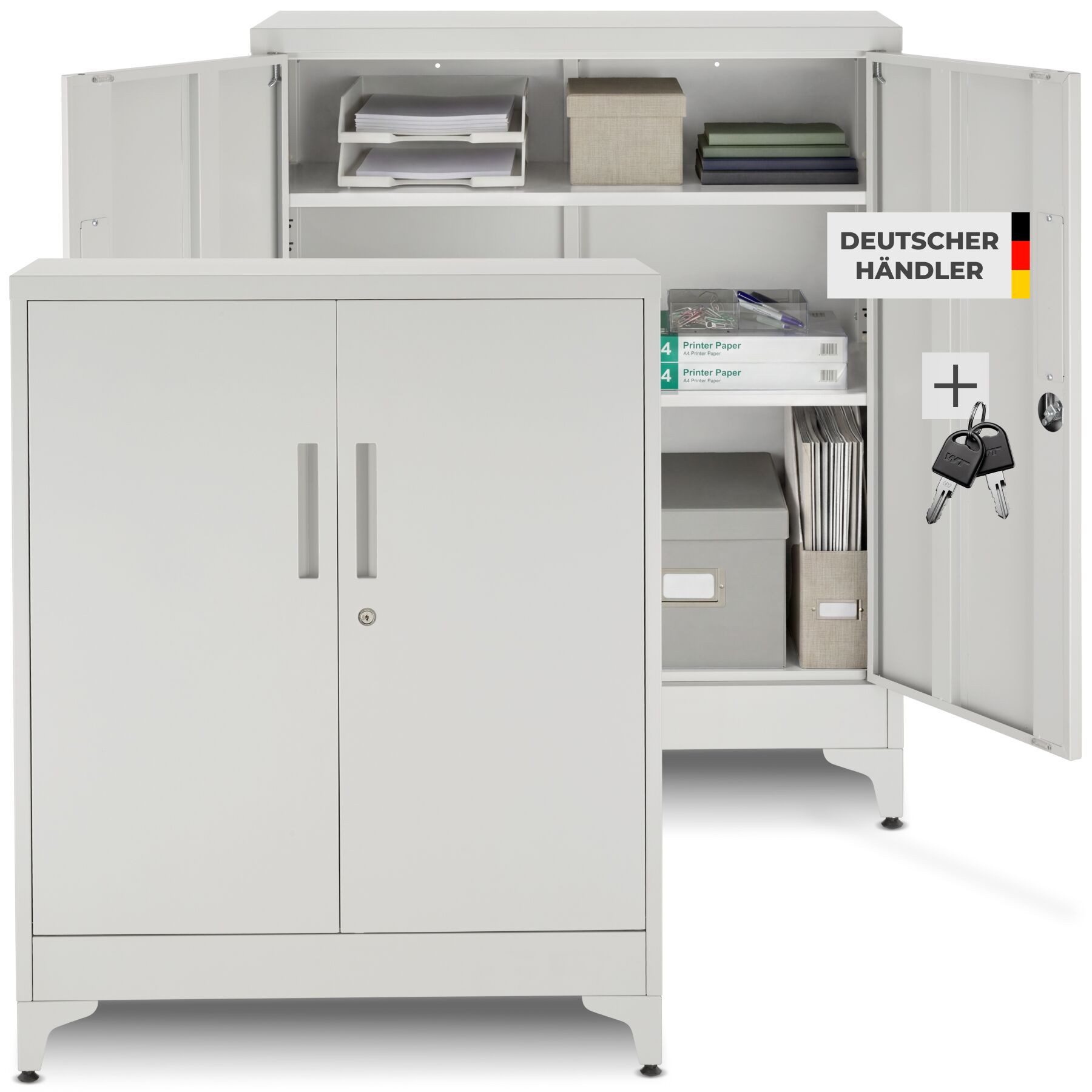 tectake Aktenschrank Dokumentenschrank aus Stahl, Kippschutz, abschließbar, 80 x 40 x (Büroschrank Blake, 2-St., in grau) 2 verstellbare Zwischenböden, mit Magnetverschluss, höhenverstellbar