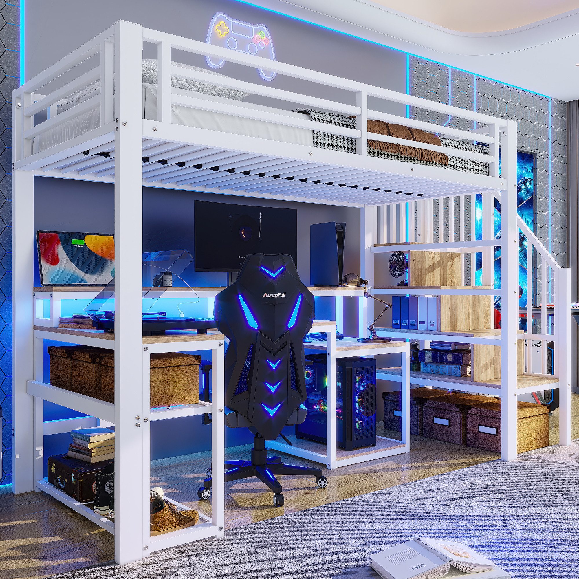 OKWISH Hochbett Kinderbett Metallbett (mit Eisenrahmen, LED-Licht, USB-Anschluss und Stauraum, 90x200 cm) ohne Matratze