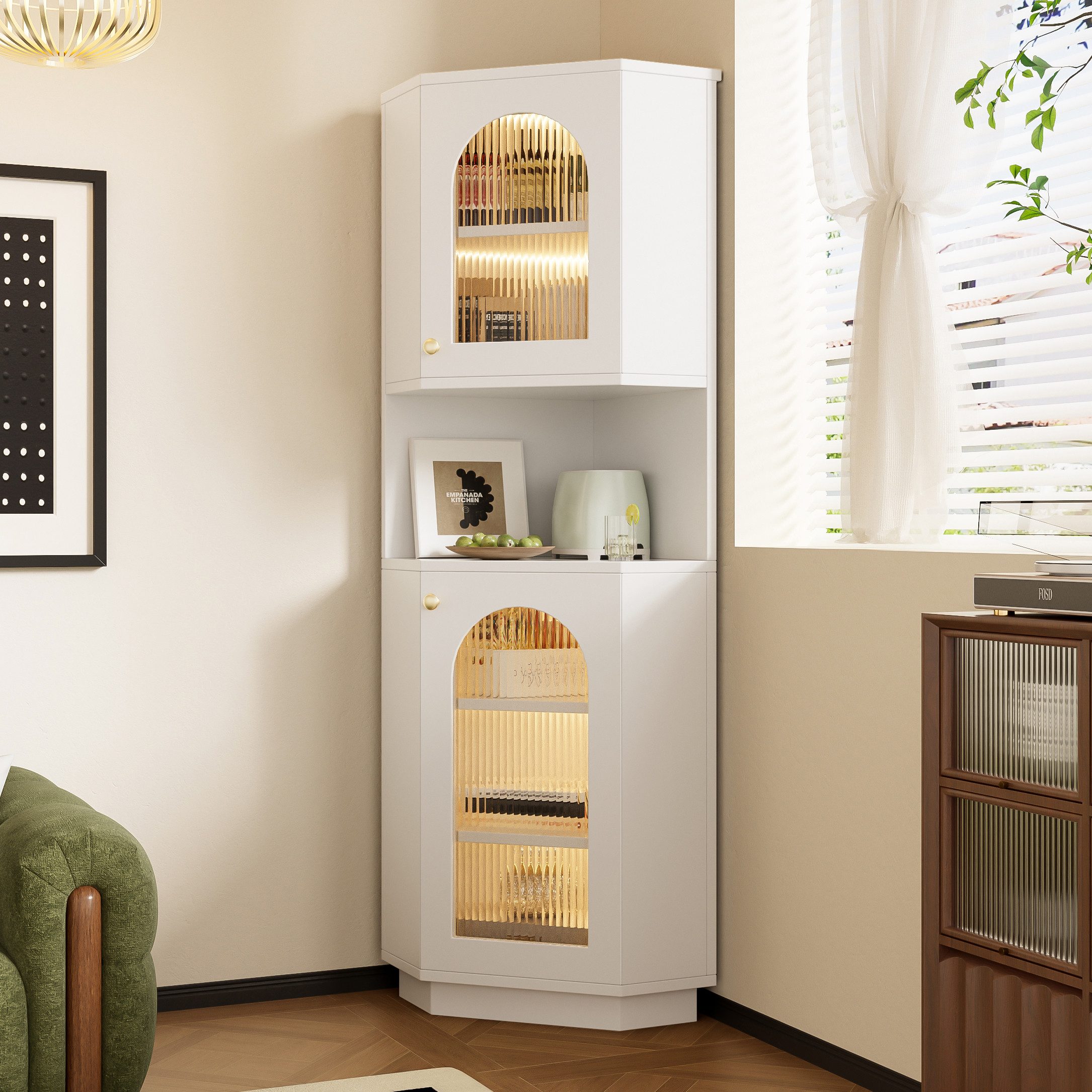 MODFU Vitrine Platzsparender Eckschrank mit praktischer Aufbewahrung (Packung, 1-St., Maße: 45x166,5x45 cm, 5 geschlossene & 1 offenes Fach) Inklusive Lichtleiste und strukturierter Glastür für mehr Ordnung
