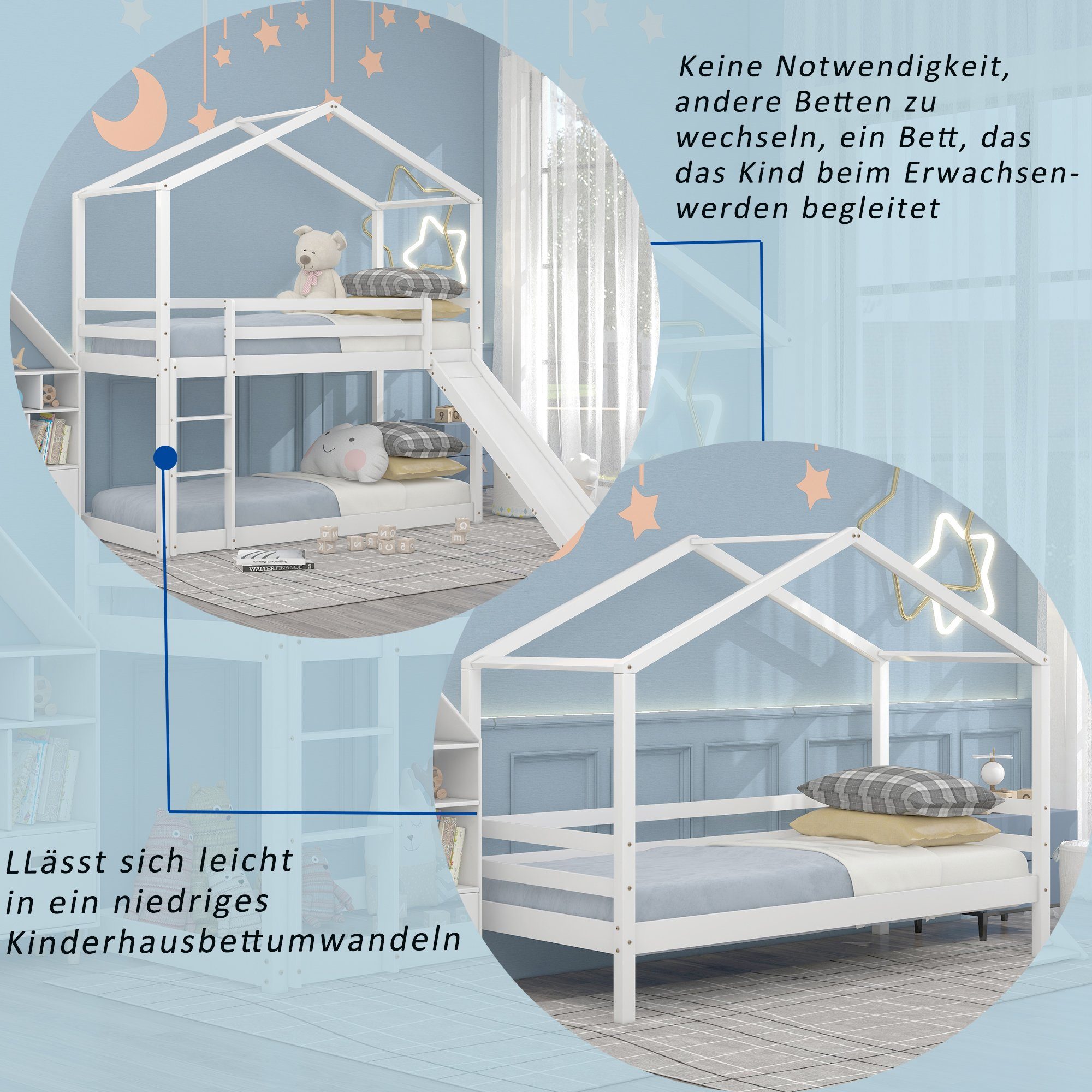 in (1-St., ein 90×200CM), BlingBin werden Etagenbett Hausbett mit umgewandelt Einzelbett Massivholz-Etagenbettrahmen Lattenrost, weiß Kinderbett mit Kann Rutsche,