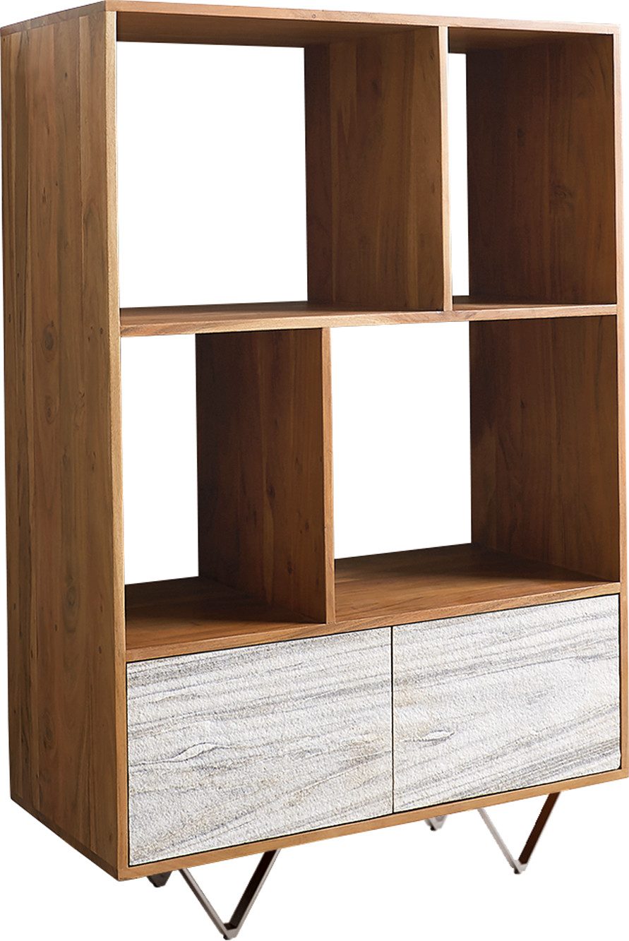 DELIFE Highboard Kleo, Akazie Natur 90x130 cm 2 Türen V-Fuß Edelstahl Highboard