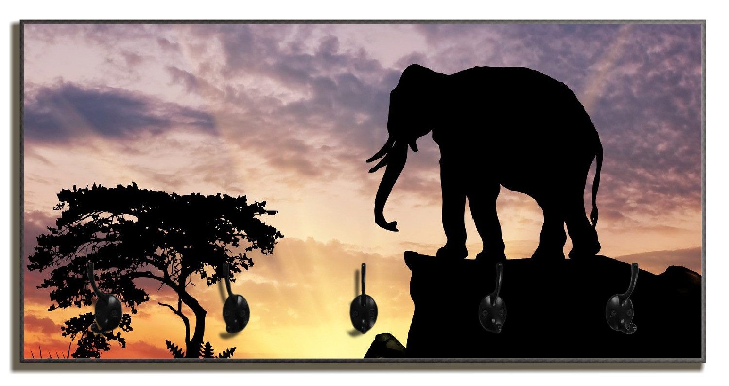 Wallario Garderobenpaneel Elefant vor Abendhimmel (1-teilig, inkl. Haken und Befestigung), 80x40cmHolz