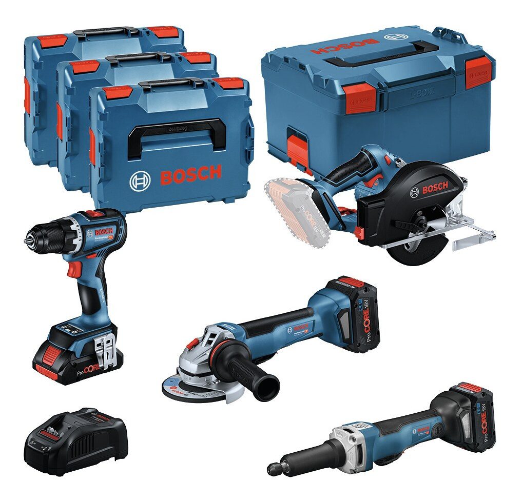 BOSCH Werkzeugset GGS / GKM / GSR / GWS, Combo Kit 18V-Set: GSR 18V-90C, GWS 18V-15 PSC, GKM 18V-50 & GGS
