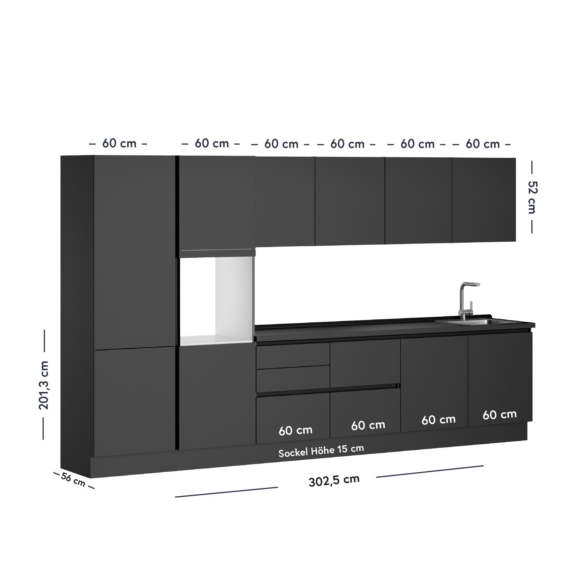 ROCTOR Küchenzeile RT7003 Perfect Soft Schwarz - 360 cm Breite, Vormontiert, inklusive Bauknecht E-Geräten, Korpus Made in Germany
