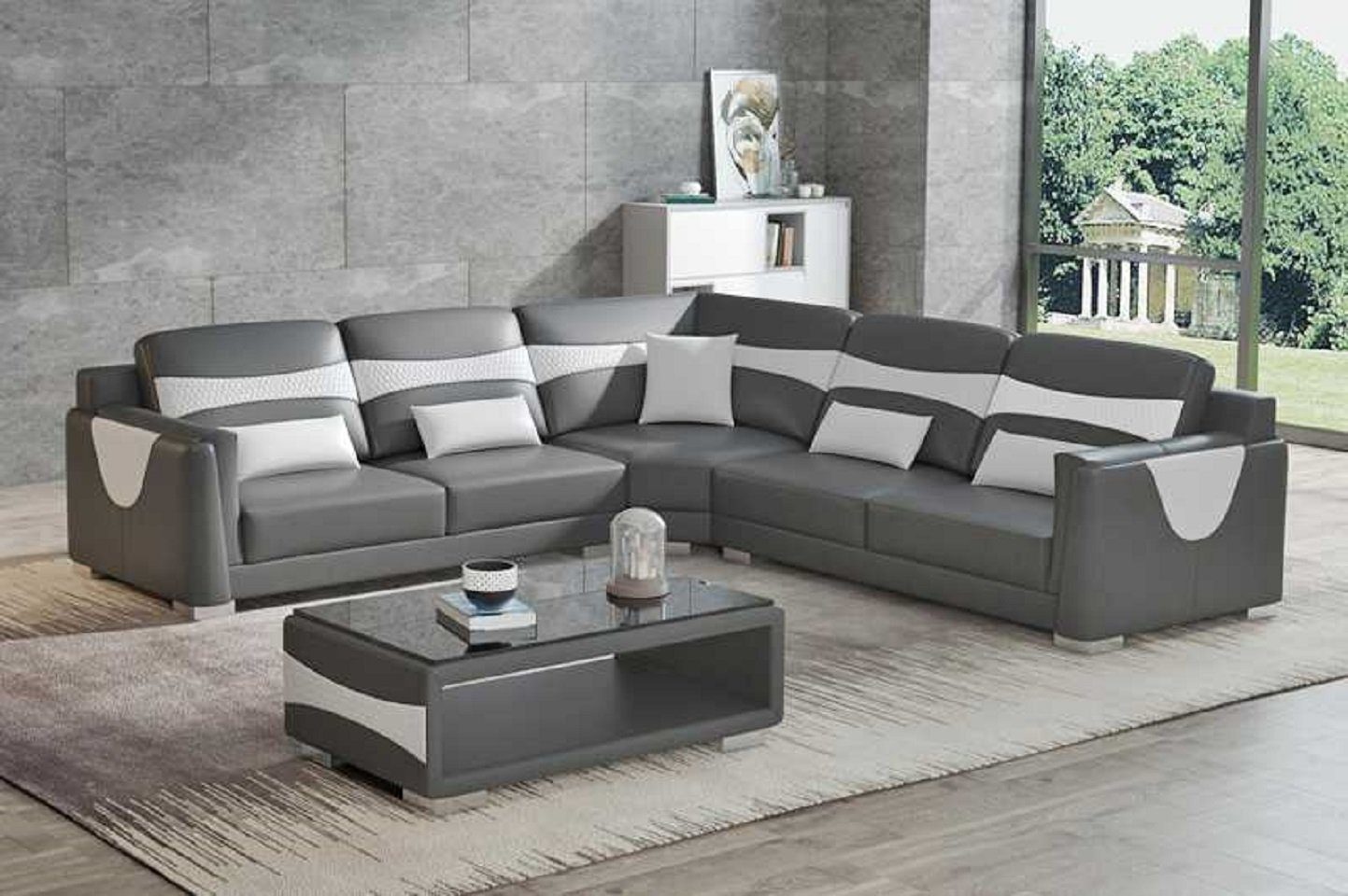 Design Ecksofa 3 JVmoebel L Sofa, Grau in Made Kunstleder Europe Couch Teile, Eckgarnitur Ledersofa Form Ecksofa