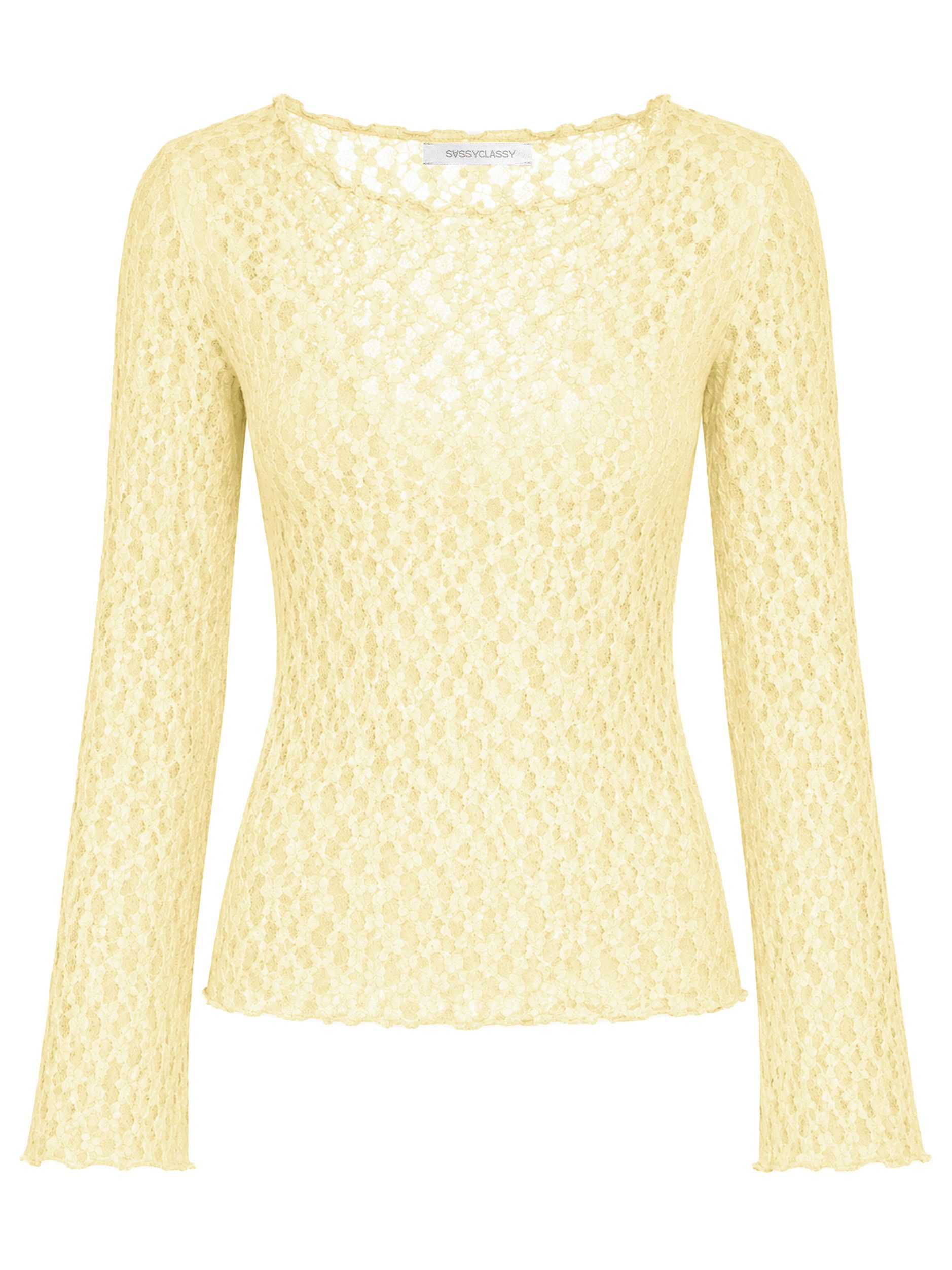 SASSYCLASSY Langarmshirt Spitzenshirt mit weiten Ärmeln für Damen Elegantes Langarmshirt mit floralem Muster in leichter Transparenz