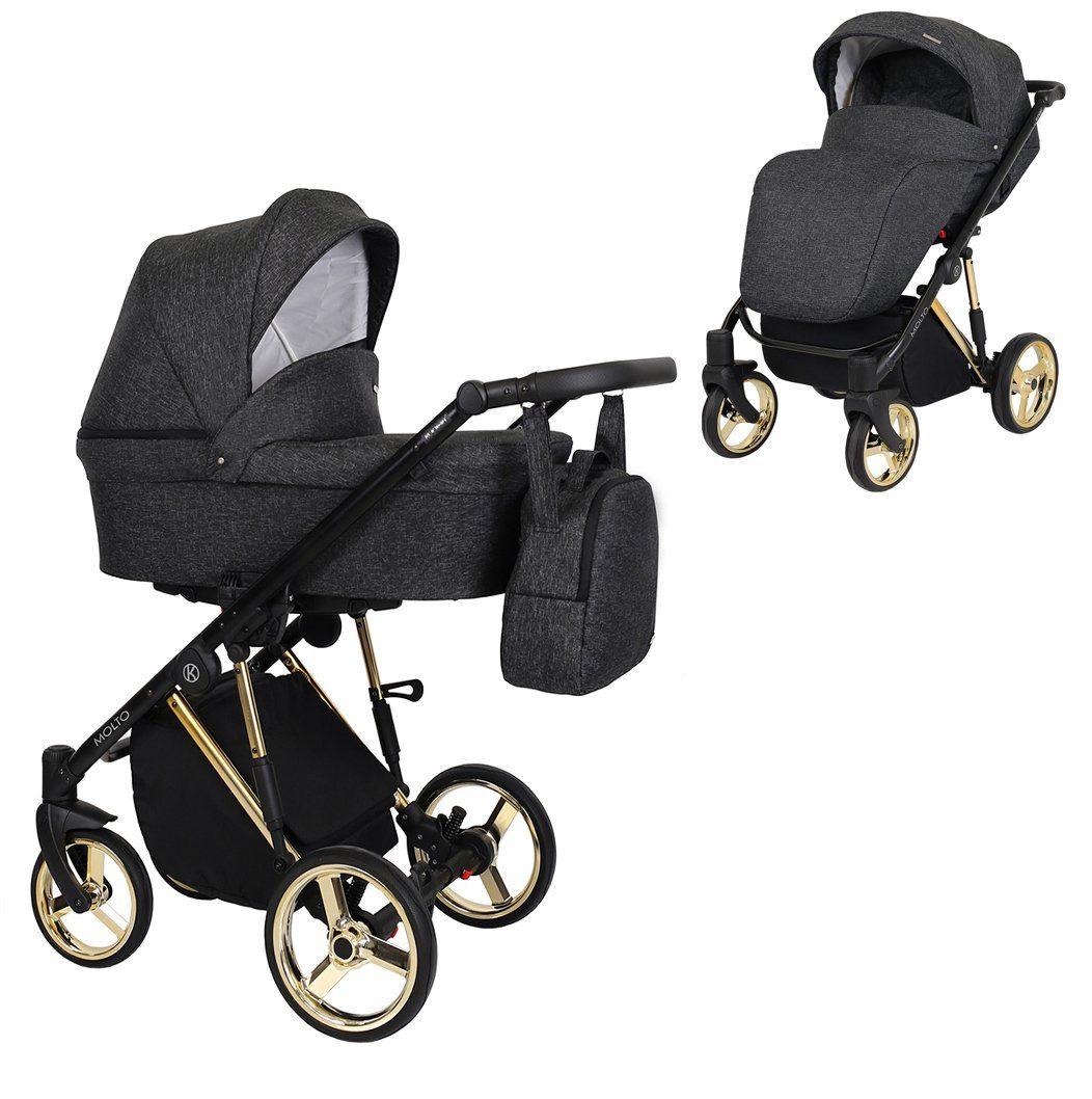 babies-on-wheels Kombi-Kinderwagen Molto Gold-Edition 2 in 1 - 12 Teile - von Geburt bis 4 Jahre Schwarz = Gestell gold