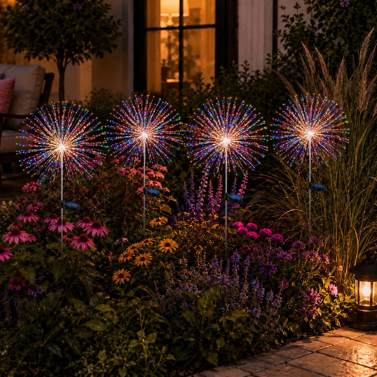 pedete LED Solarleuchte LED Solar Gartendeko 4 Stück Solarlampen Garten 80 LED Feuerwerk, LED fest integriert, gartendeko, solarlampen für außen, Warmweiß, Bunt, Leuchtmittel, Wetterfest Pusteblume Solarlampen 8 Modi mit Erdspieß 4 Stück