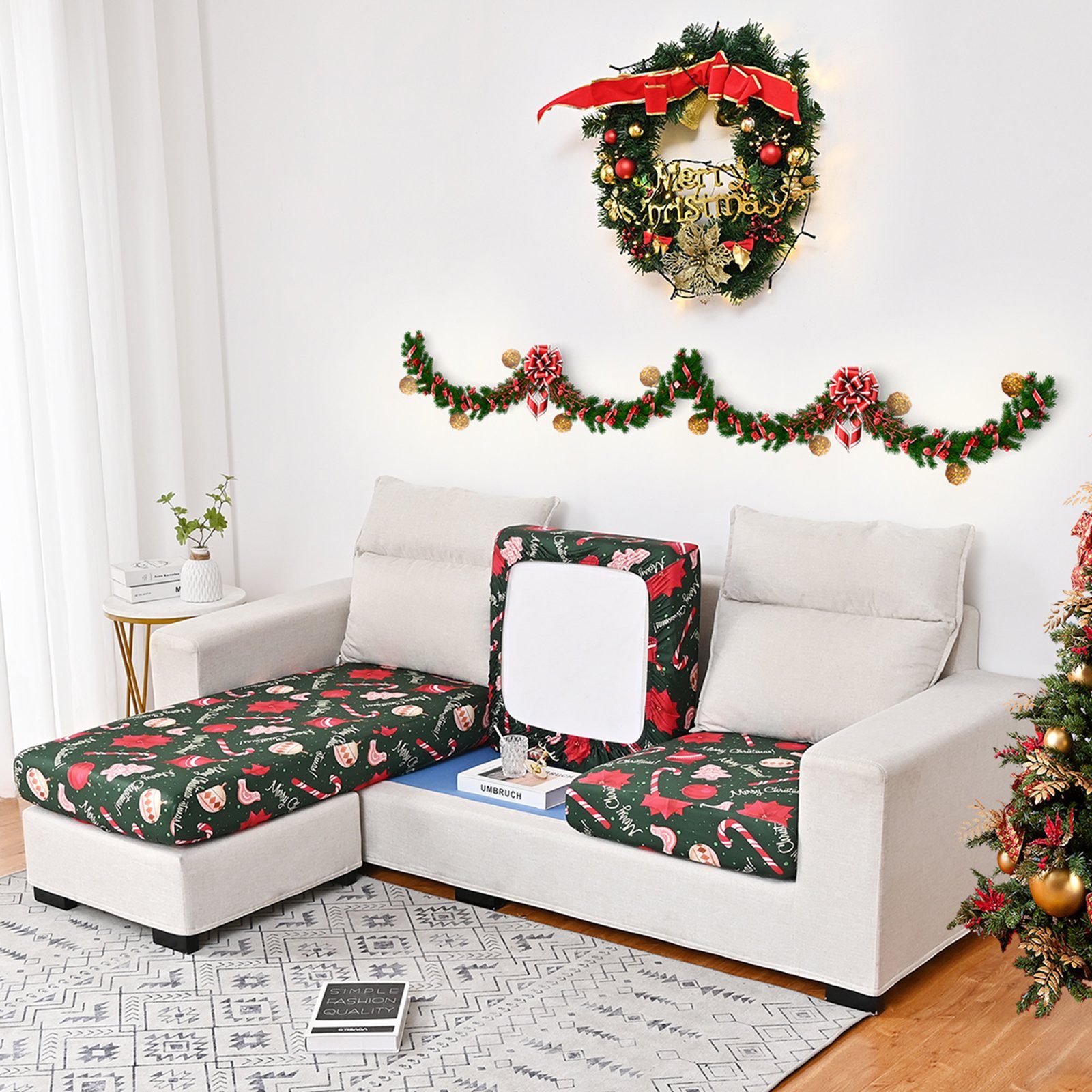 Sofahusse mit Rosnek Grün Sofa, Boden, Weihnachtsmotiv, L-Form elastischem für
