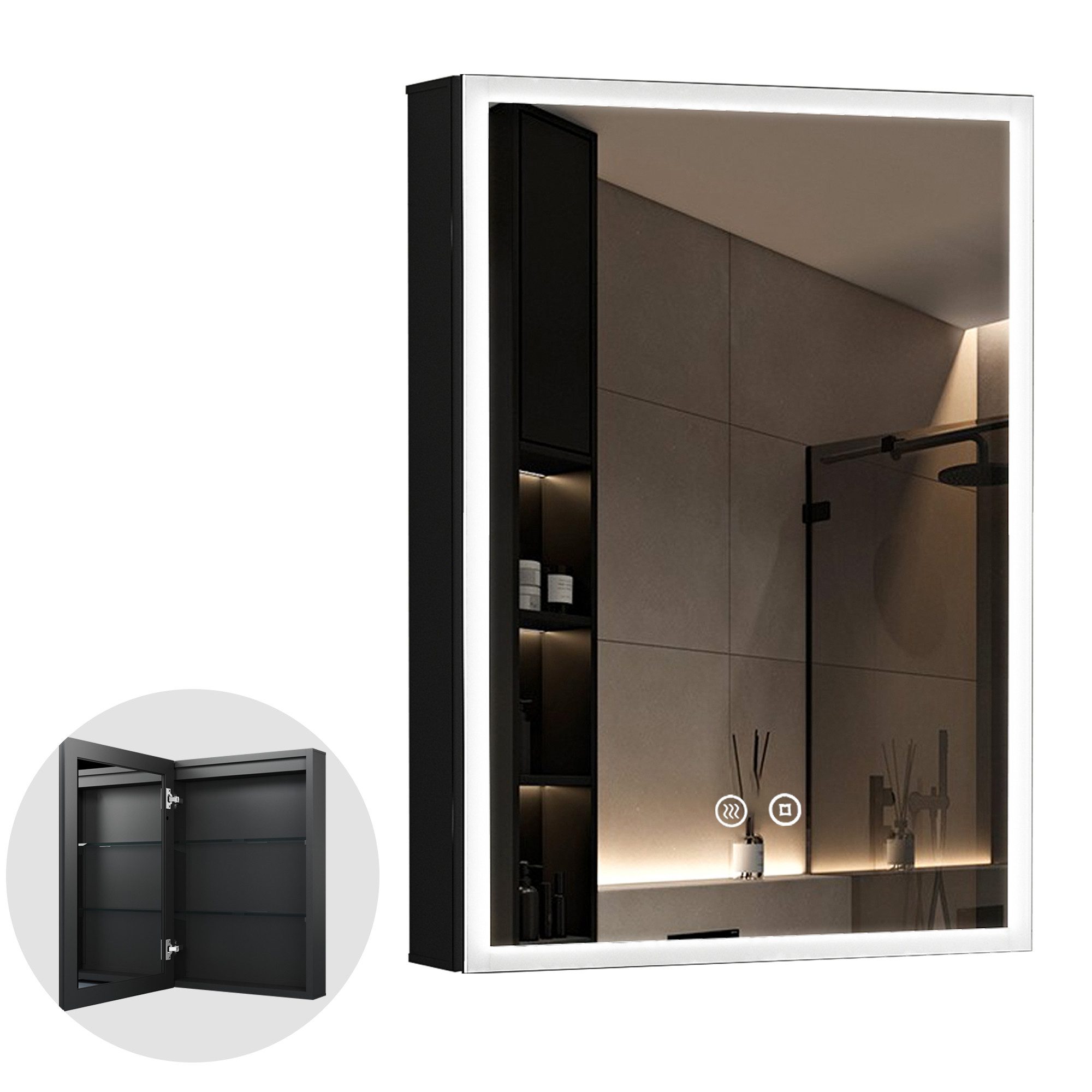 WDWRITTI Spiegelschrank Schwarz mit beleuchtung Hängeschrank 3Lichtfarben Dimmbar Anti-fog (Badezimmerspiegelschrank mit LED, Speicherfunktion, 1 türen 50x70cm, 40x60cm, Doppelseitiger Spiegel, Alu-Schranktür) Full Surround Light Strip, mit Netzadapter