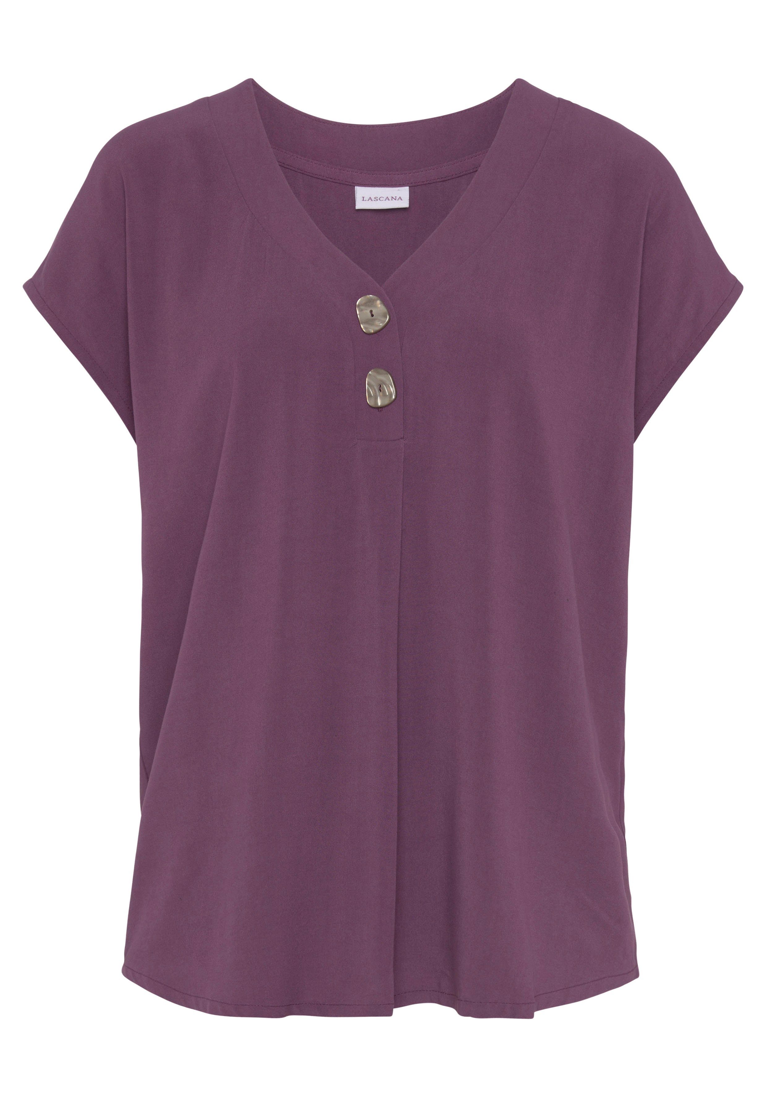 LASCANA Schlupfbluse mit tiefem V-Ausschnitt und modischen Knöpfen luftige Kurzarmbluse, lässiges Blusenshirt, Basic – Bild 2 von 5