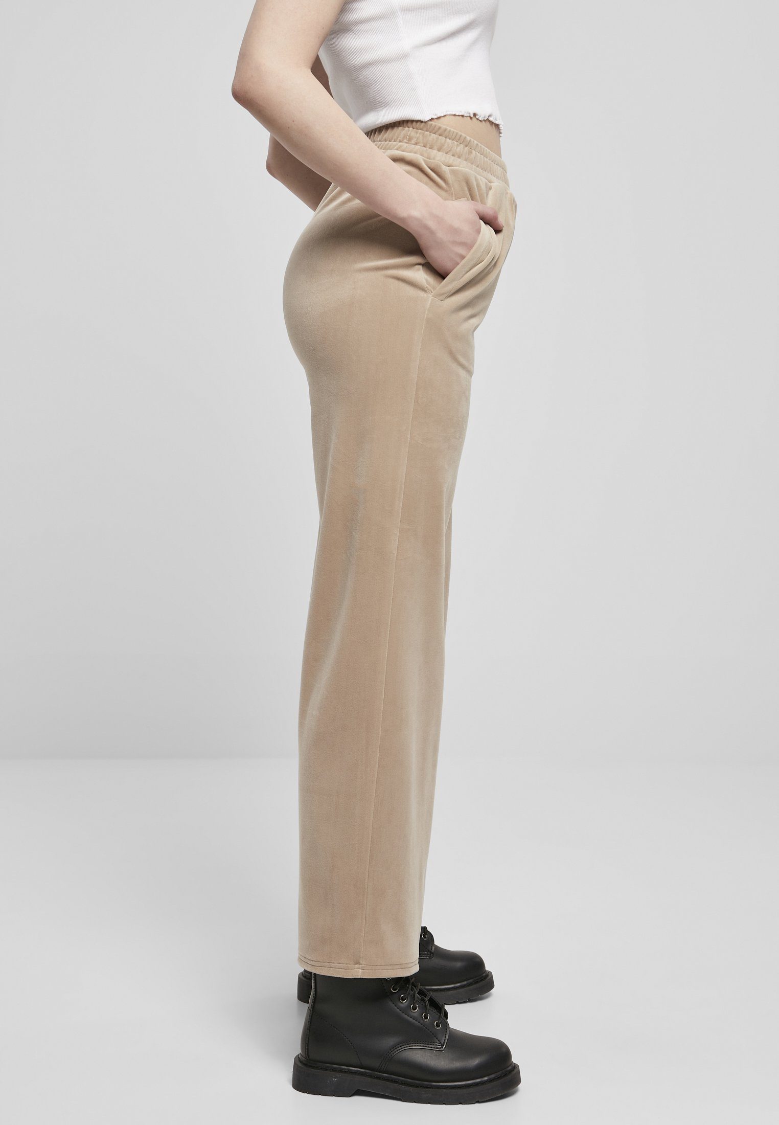 URBAN CLASSICS High Sweatpants Straight (1-tlg) softtaupe Velvet Damen Stoffhose Waist Ladies