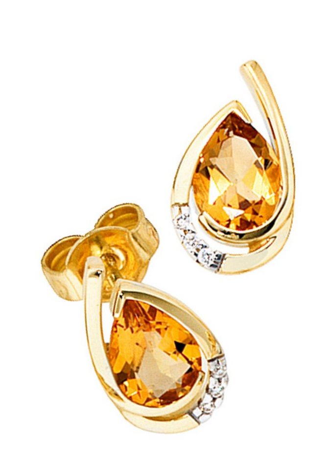 JOBO Paar Ohrstecker Tropfen-Ohrringe, 585 Gold mit 6 Diamanten und Citrin