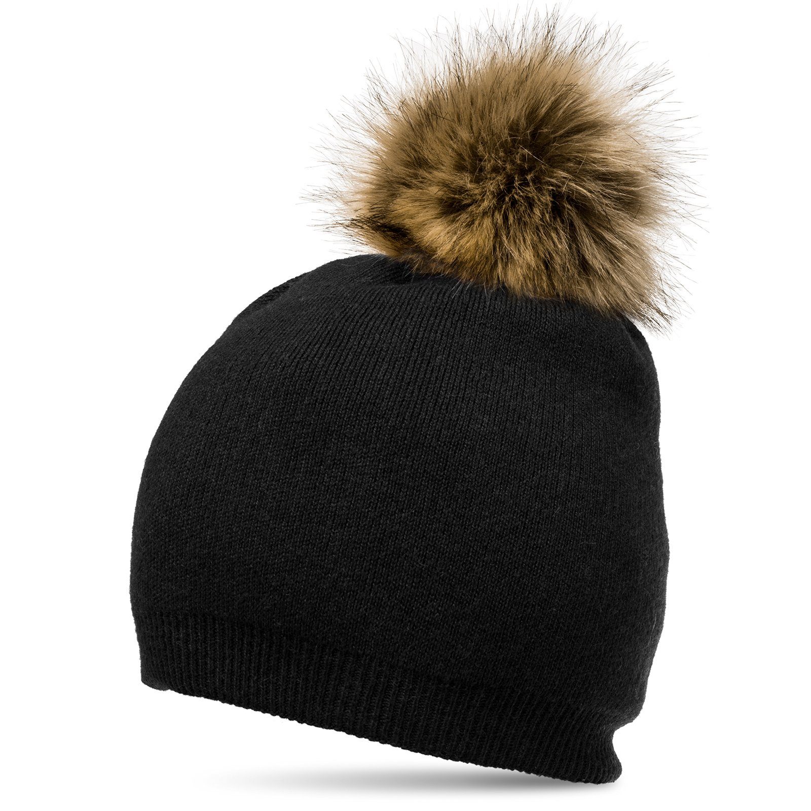 Caspar Bommelmütze MU187 elegante Damen Feinstrick Mütze Bommelmütze mit Fellbommel