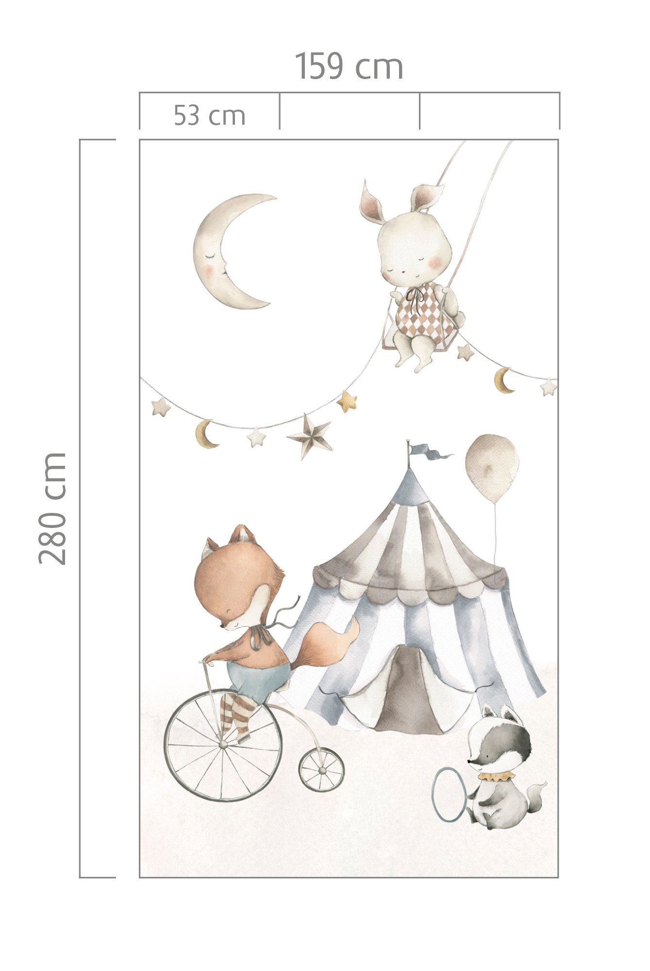 Rasch Fototapete Kinderzimmer mit bunter Zirkuswelt mit Tieren in Blau, Beige und Grau, strukturiert, gemustert, (1 Rolle, 1 St), Zirkus