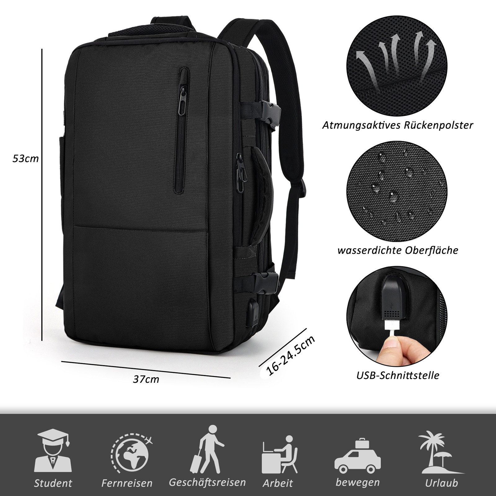 TAN.TOMI Reiserucksack 30-50L Großer Handgepäck Rucksack Erweiterbarer Reiserucksack, Großer wasserdichtes Kabinenrucksack, Diebstahlschutz Handgepäck