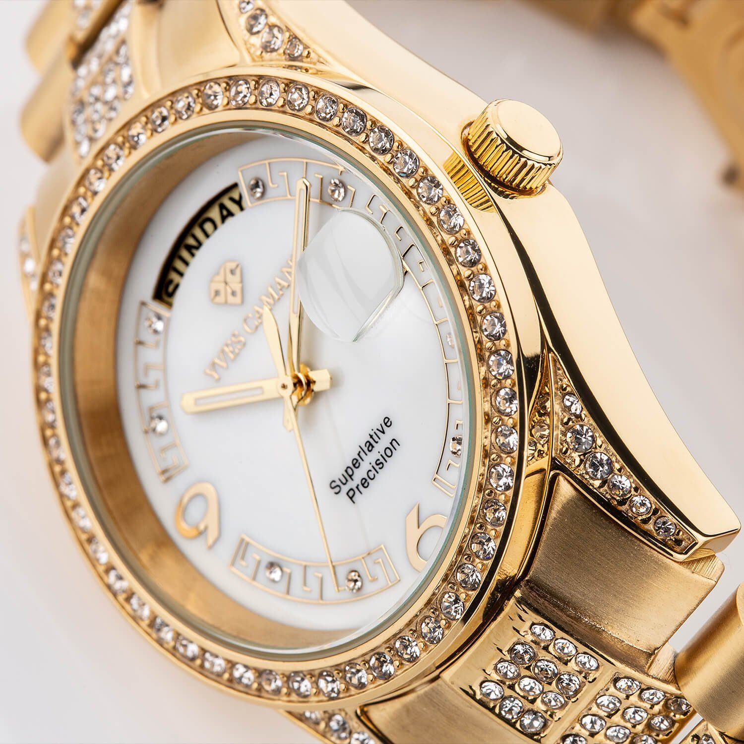 Yves Camani Quarzuhr TIBERIUS, Edelstahlband, Zirkonia-Kristalle, Datums- und Wochentagsanzeige