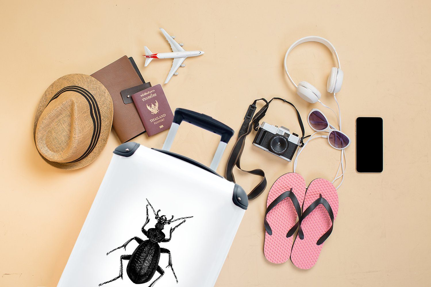 MuchoWow Handgepäckkoffer Schwarz - Trolley, Insekten, - weiß 4 - Reisetasche und Handgepäck Käfer Reisekoffer für Ferien, mit rollen, Rollen, Vintage