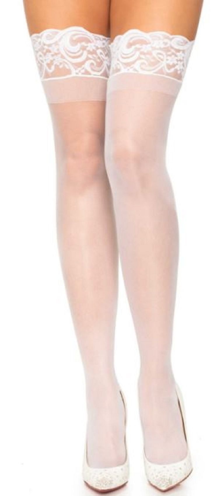 Leg Avenue Halterlose Strümpfe Halterlose Strümpfe Silikonspitzenrand Blumenmuster weiß Gr. 36 - 40