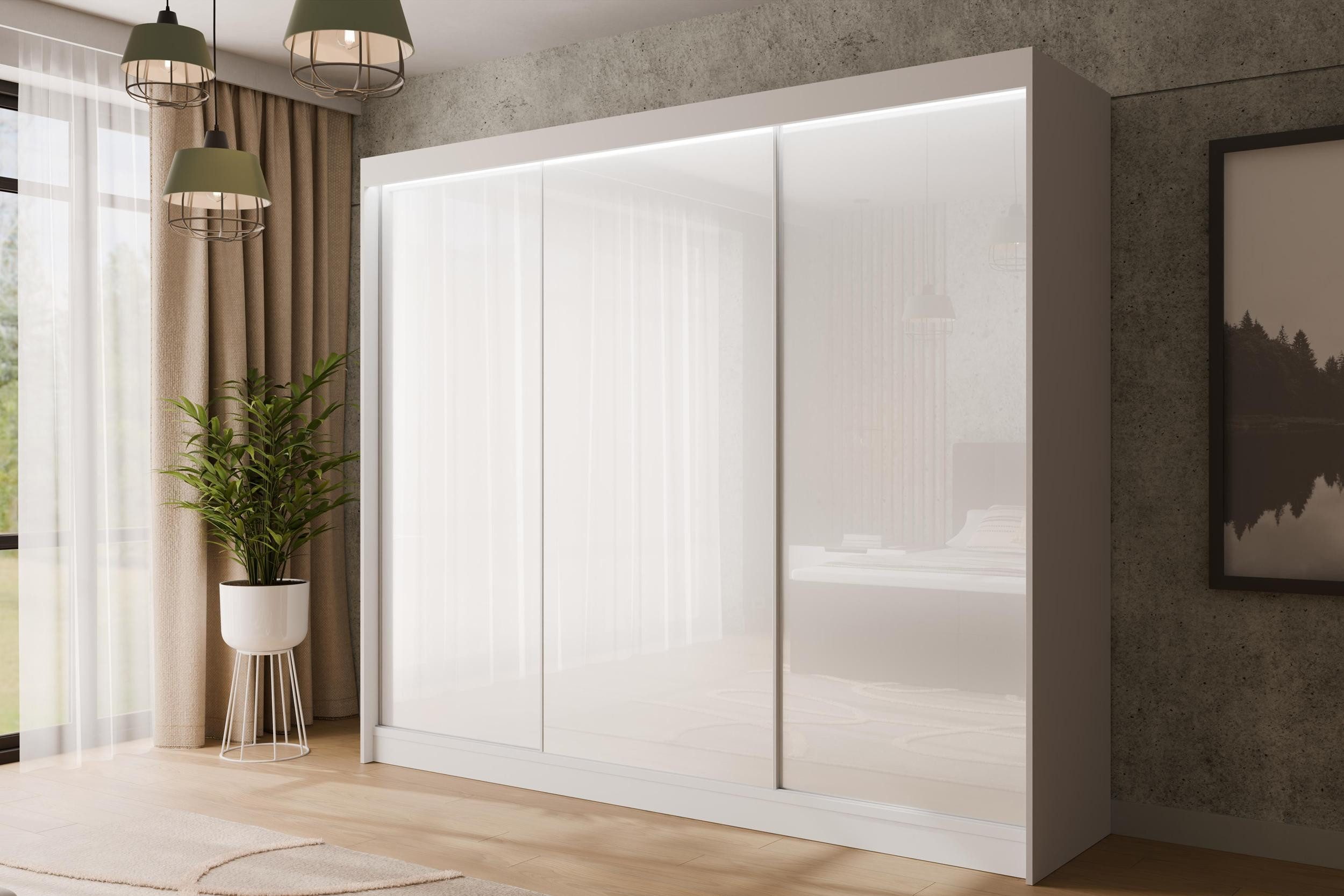 ALTDECOR Schiebetürenschrank PEKA (Kleiderschrank Garderobenschrank mit viel Stauraum Moderner Schrank) Vielseitiger Schwebetürenschrank Lacobel LED Beleuchtung