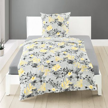 Bettwäsche Baumwolle, Traumschloss, Satin, 2 teilig, mit Blumen in gelb auf grauem Hintergrund