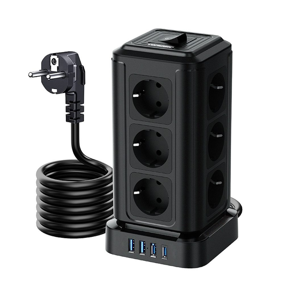 KUPU Mehrfachsteckdose mit 3USB-A&1USB-C Mehrfachsteckdose 12-fach (Ein- / Ausschalter, USB-Anschlüsse, Überspannungsschutz, Übertemperaturschutz, Kurzschlussschutz), Multifunktions-Mehrfachsteckdose mit Einzeln Schaltbar,2M Kabel