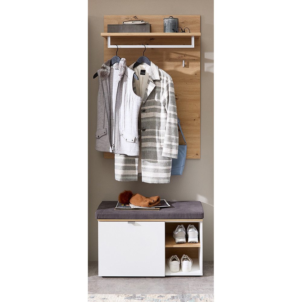 Lomadox Garderoben-Set BLISS-36, (Spar-Set, 2-St., Garderobenbank Garderobenpaneel), weiß matt Eiche Garderobenbank inkl. Sitzpolster, Garderobenpaneel