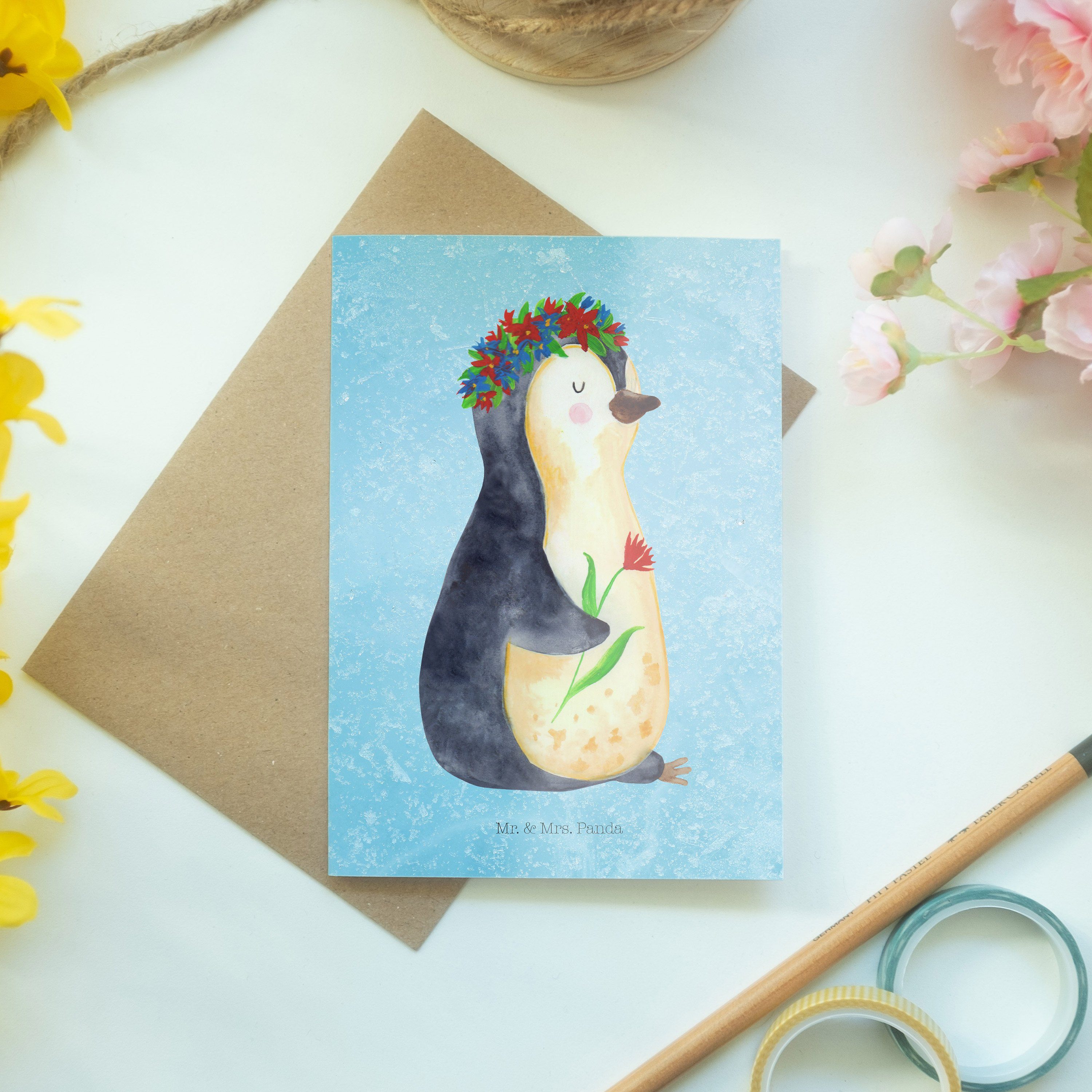 Geschenk, - Wünsche, Pinguin Blumenkranz & Grußkarte - Eisblau Mr. Panda Glückwunschkarte Mrs.