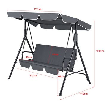 en.casa Hollywoodschaukel, 3-Sitzer, verstellbares und abnehmbares Sonnendach, Gartenschaukel 3-Sitzer 270kg Dunkelgrau