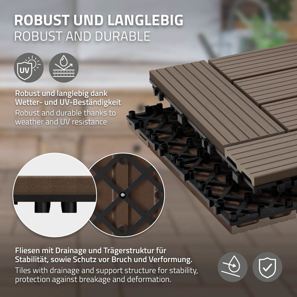 ECD Germany Terrassendielen WPC Bodenplatte Terrassenfliesen Fliesen mit Drainage und Klicksystem, BxL: je 30x30 cm, 22 mm Stärke, Bodenbelag 1m²/11 Stück Dunkelbraun rutschfest Balkonfliesen