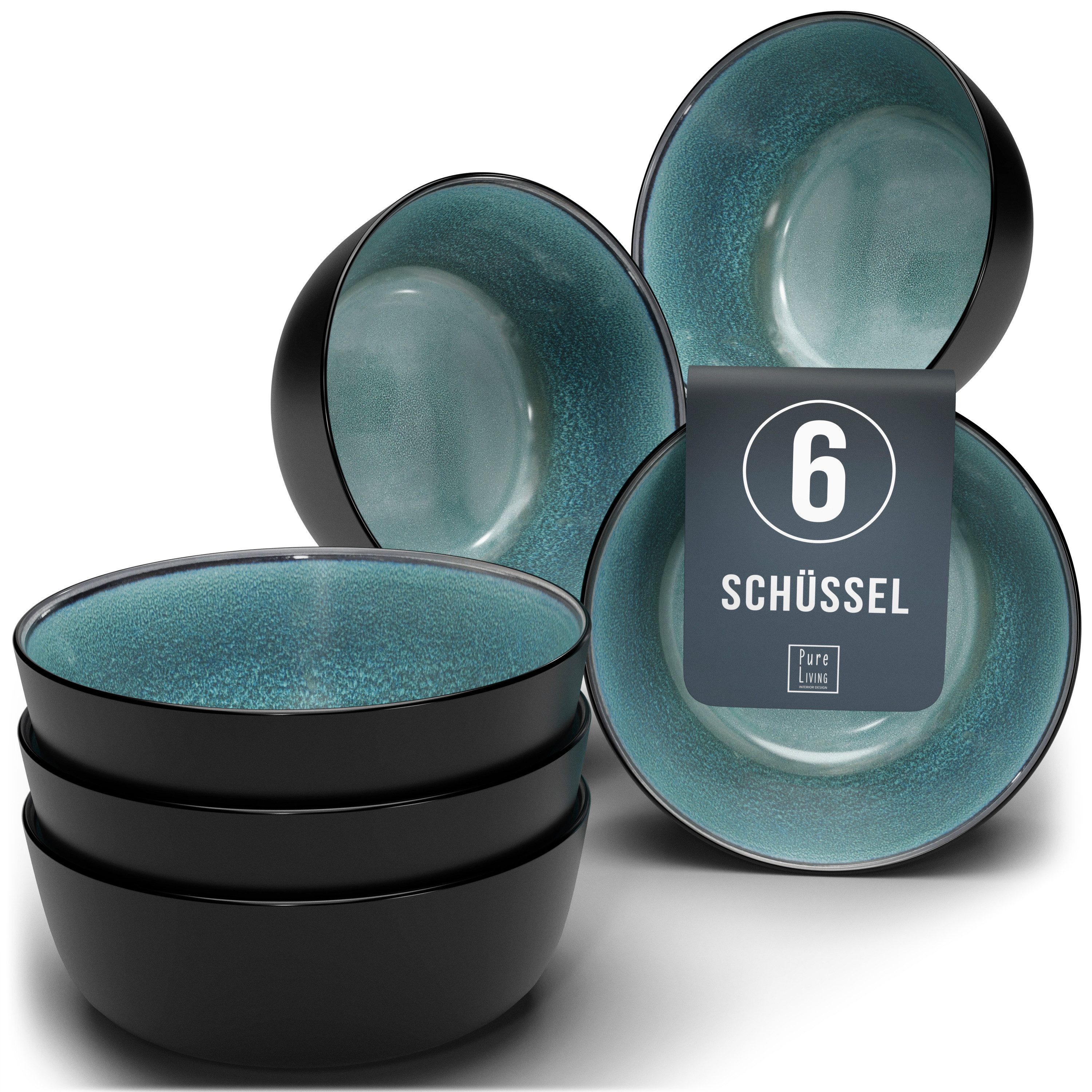 PURE LIVING INTERIOR DESIGN Geschirr-Set Ibiza, 6er-Set Müslischalen, 16 cm, Riffelstruktur, Petrol (6-tlg), 6 Personen, Steingut