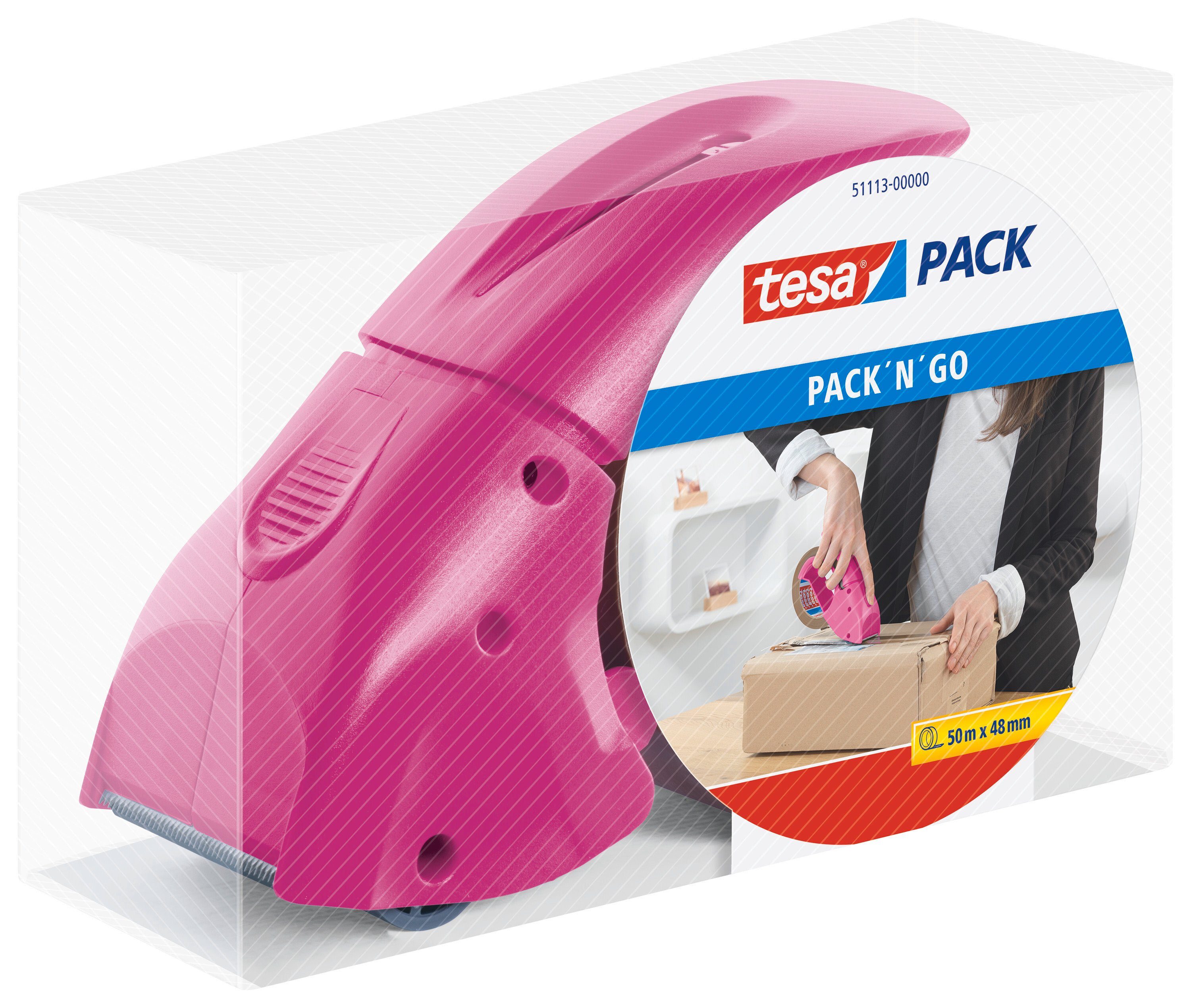 tesa Klebeband tesapack Abroller (Packung, 1-St) Packbandabroller für sicheres Verpacken - für Packband bis 48 mm pink