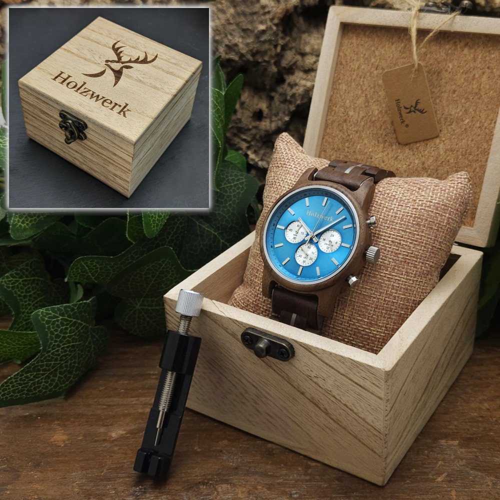 SOLTAU Armband silber, Uhr, braun, Chronograph Holz blau Holzwerk Herren